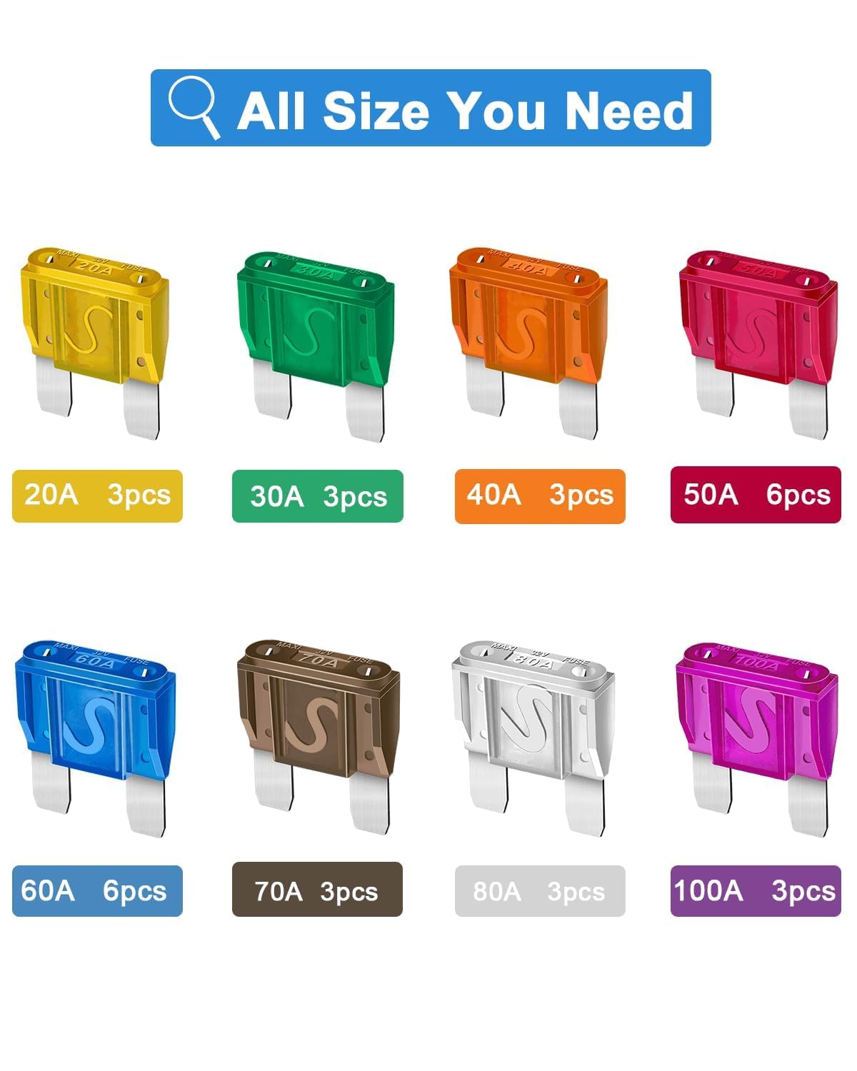 30 Pcs Maxi Fuses Assortment Kit - 32V Blade Automotive Fuse For Auto, Car, Truck, Rv (20A, 30A, 40A, 50A, 60A, 70A, 80A, 100A)