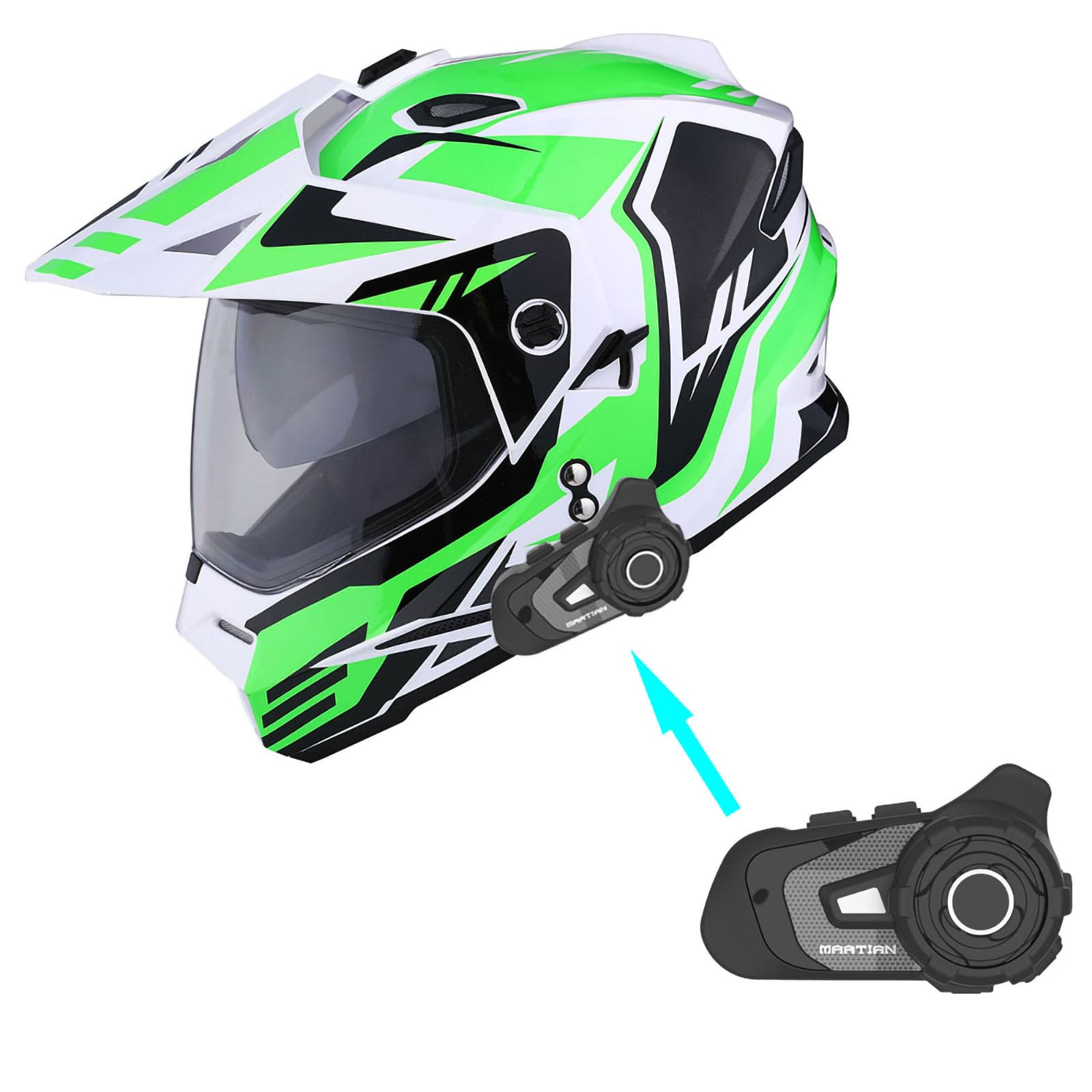 1Storm Dual Sport Motorcycle Motocross Off Road Full Face Helmet Dual Visor Storm Force Green + Motorcycle Bluetooth Headset