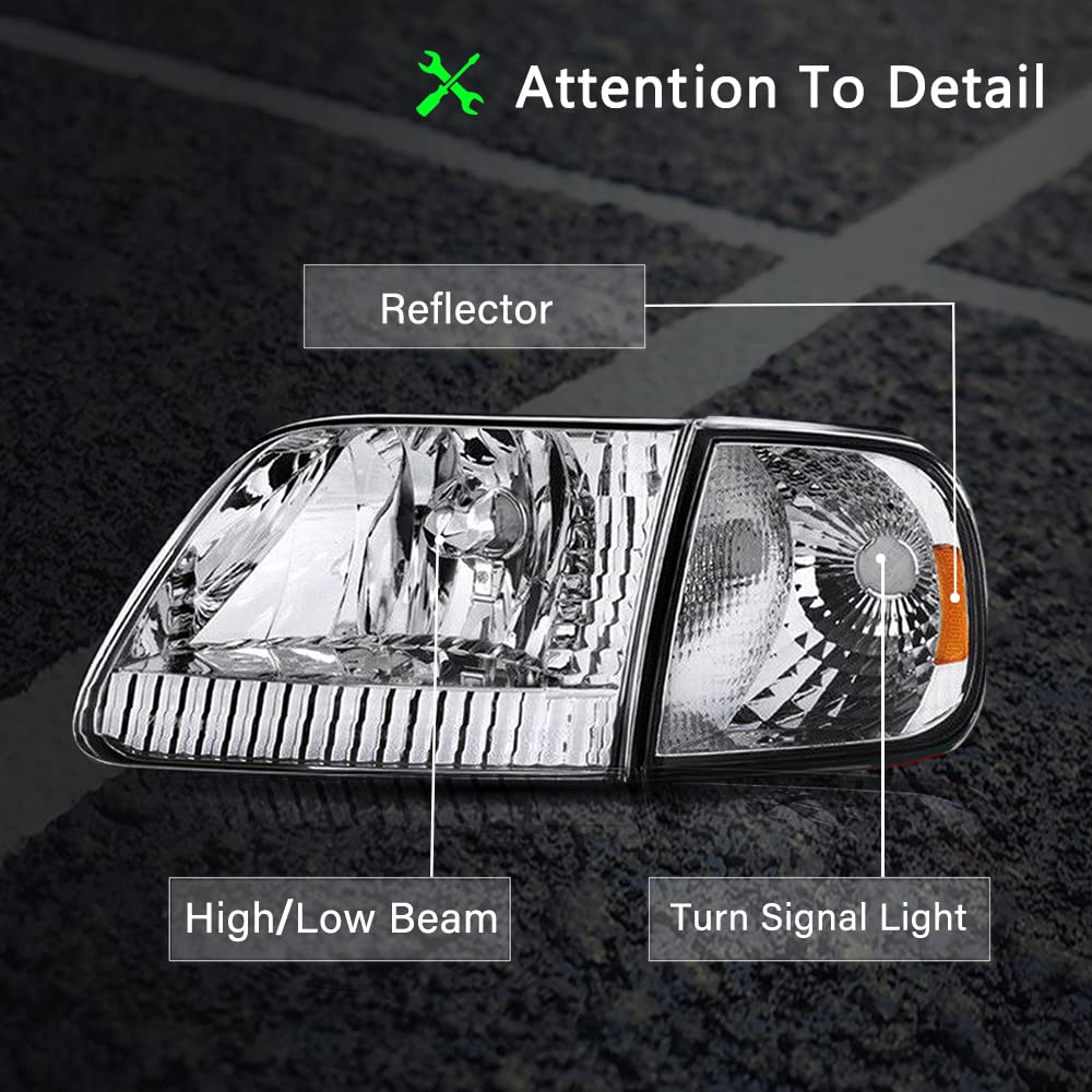 Bryght Headlight Assembly Compatible With Ford 1997-2003 F150 / 2004 F150 Heritage / 1997-2002 Expedition / 1997-1999 F250 Light Duty With Corner Lights 4Pcs (Chrome Housing With Amber Reflector)