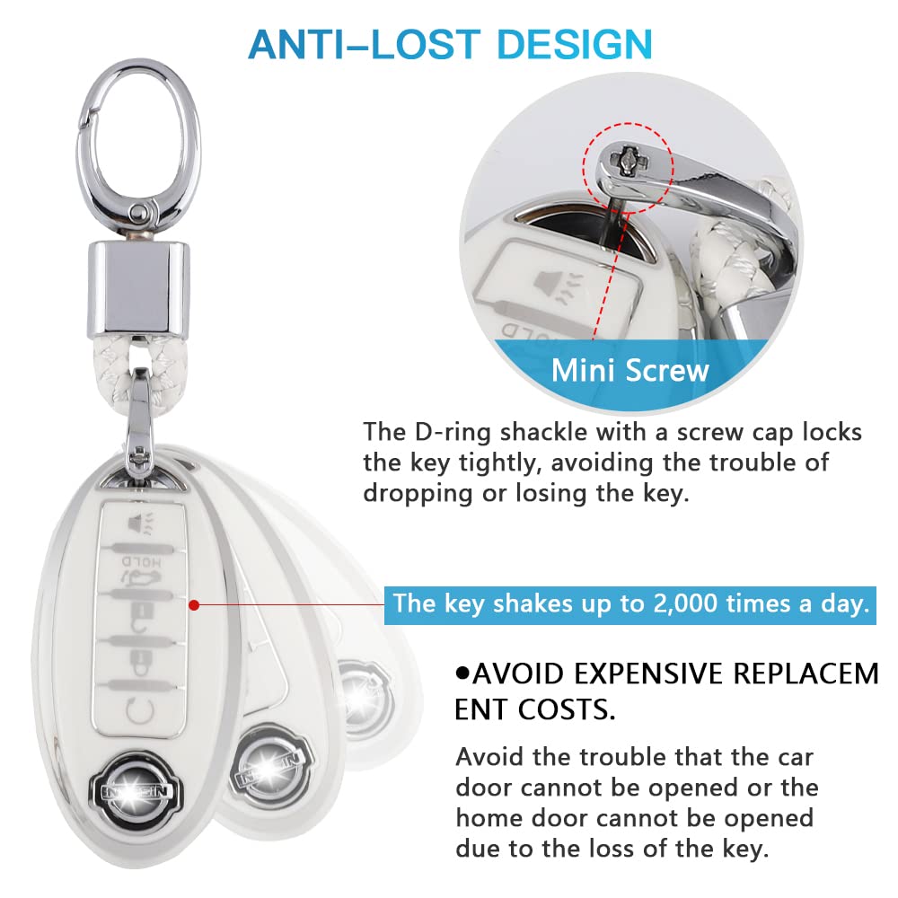 1797 For Nissan Key Fob Cover Accessories Altima Rogue Sentra Pathfinder Maxima Titan Murano Car Remote Key Chain Case Shell Protector Girly Cute 5 Button White Silver Tpu