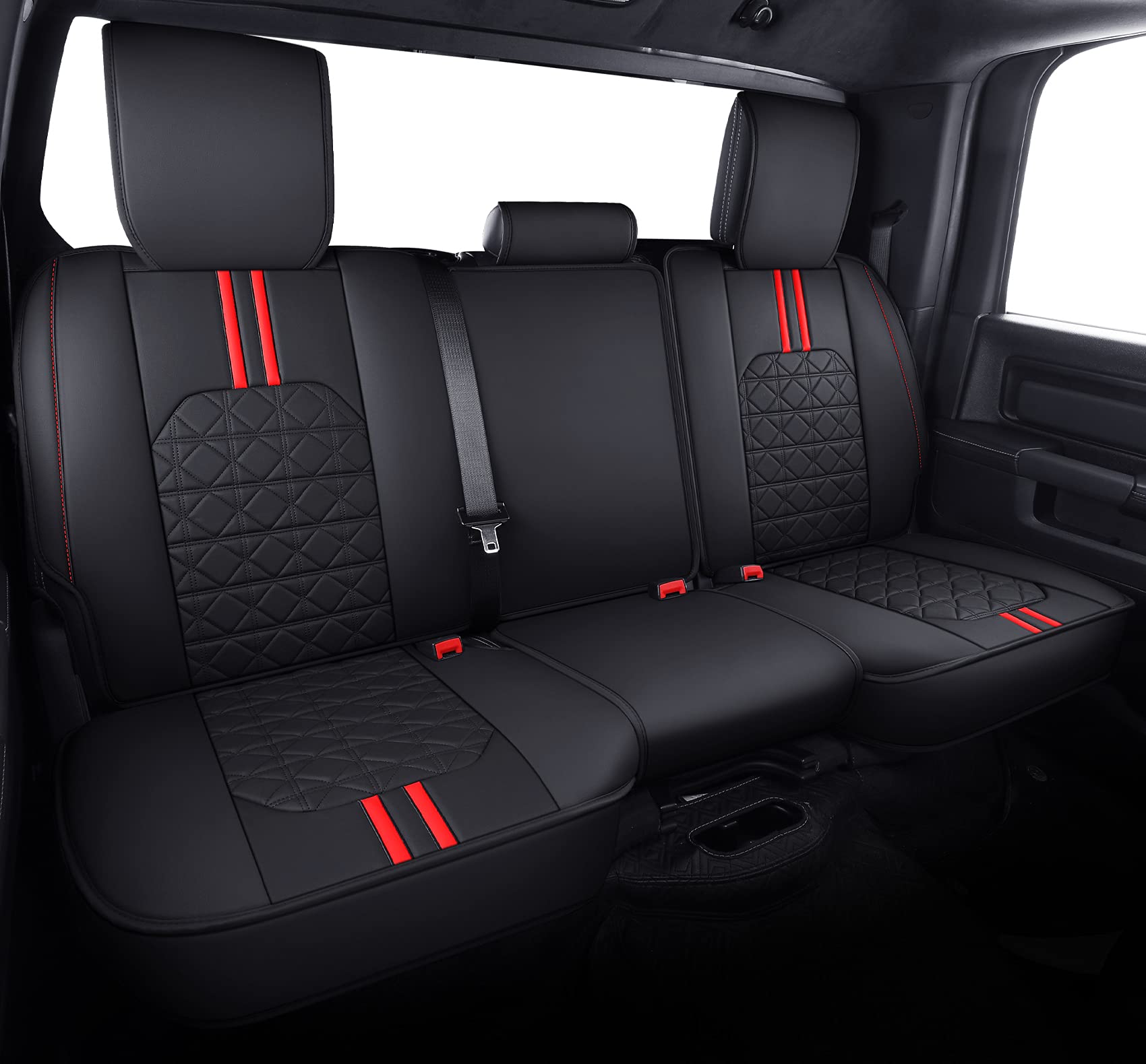 Yiertai For Dodge Ram Seat Covers Fit 2009-2025 1500Hd 2010-2023 2024 2025 2500/3500Hd Crew Double Quad Rebel Cab Laramie Big Long Horn Rebel Tradesman Leather(5 Pcs Full Set/Black-Red)