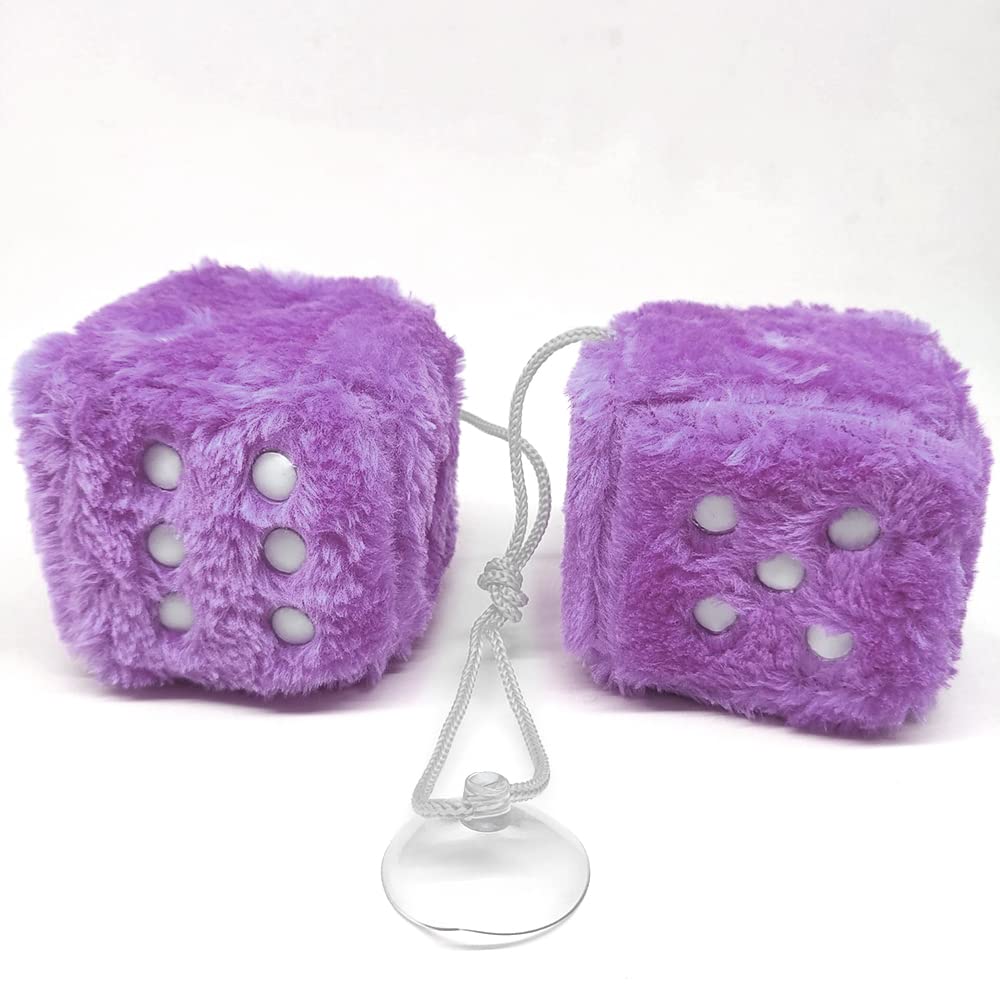 Fuzzy Plush Dice For Car Mirror, Pair Of Retro 3    Purple Dice With White Dots For Car Interior Hanging Ornament Decoration