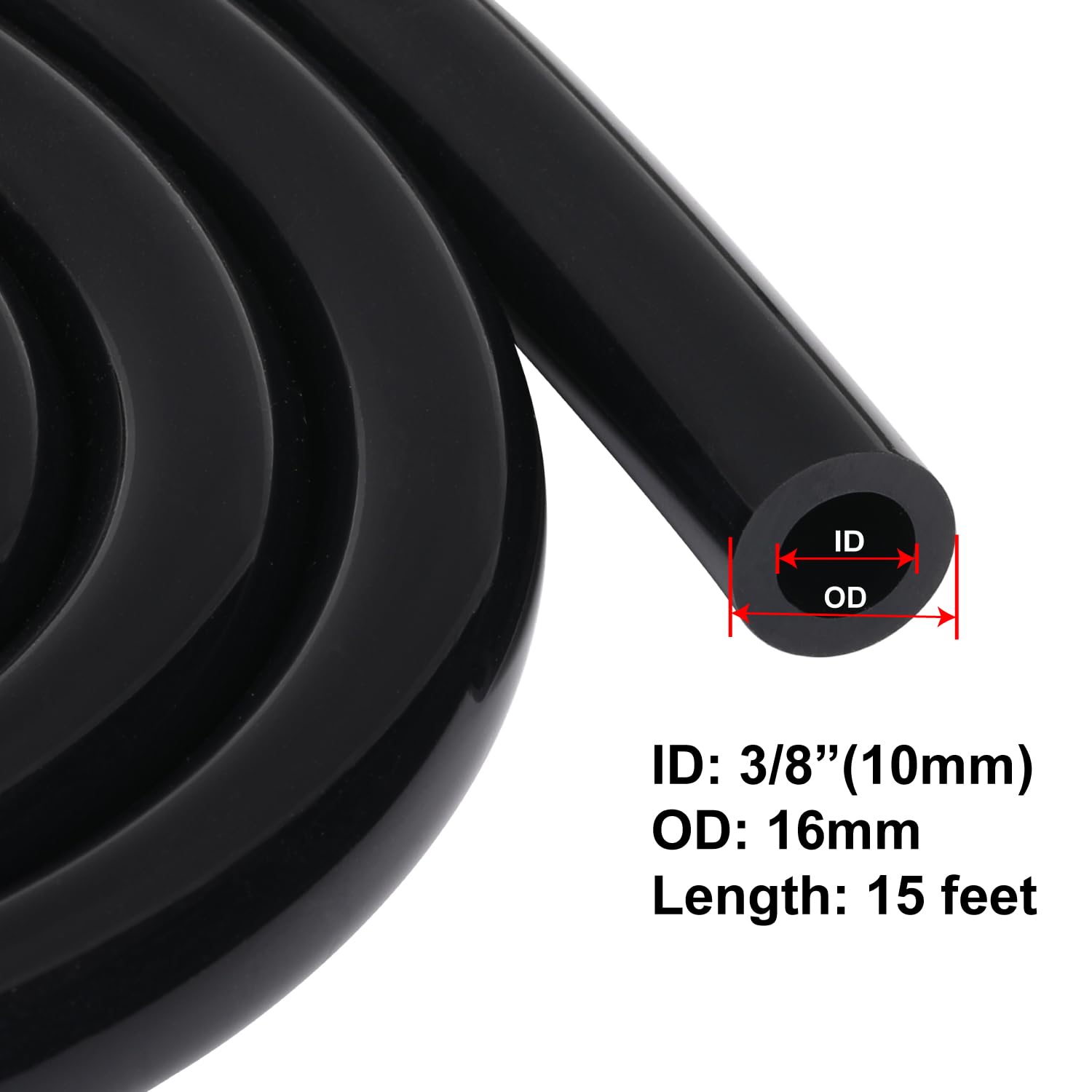 Podavelle 3/8'' 10mm ID Silicone Vacuum Hose Line Tubing 15FT Black 130 PSI Maximum Pressure