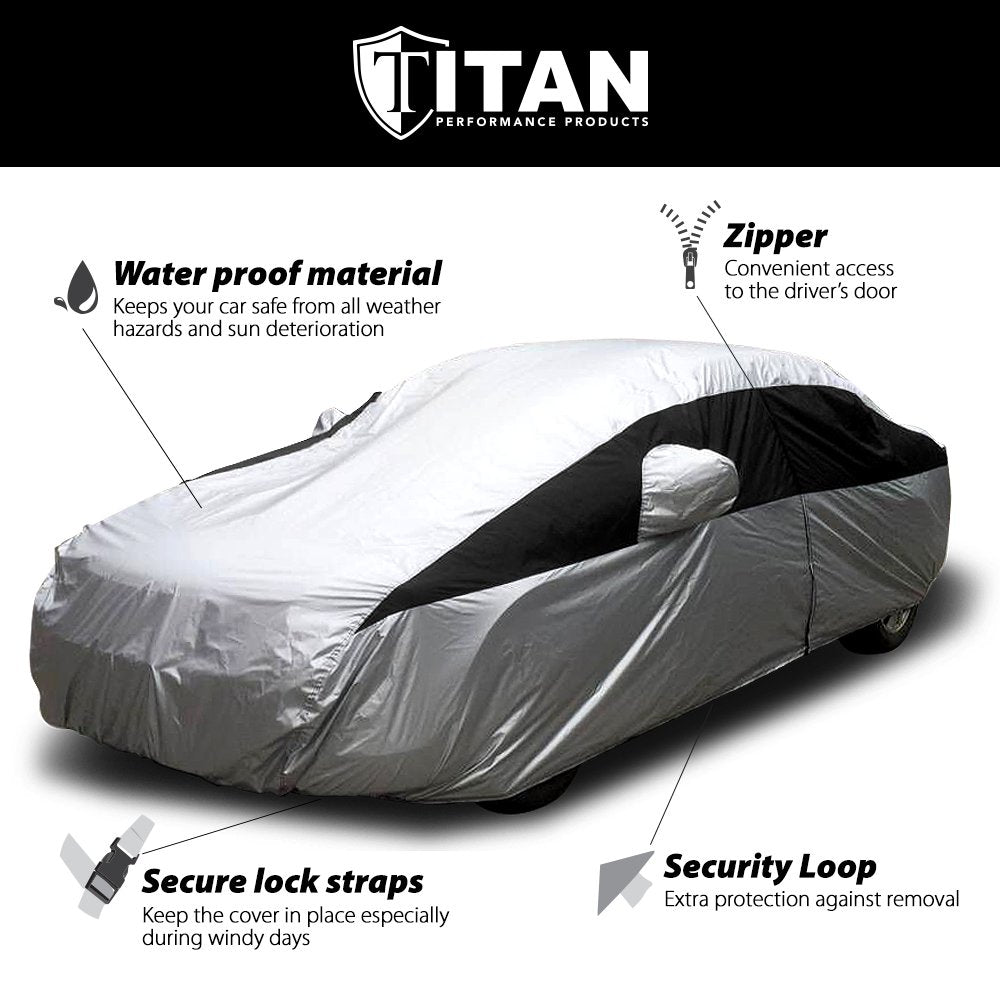 Titan Lightweight Poly 210T Car Cover For Sedans 186-202''. Waterproof, Uv Protection, Scratch Resistant, Driver-Side Zippered O
