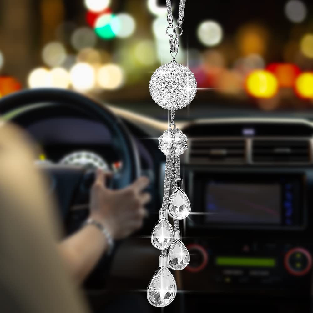 Otostar Bling Crystal Ball And Drops Car Hanging Accessories, Car Rear View Mirror Pendant Charms Interior Sun Catcher Ornament, Bling Car Accessories For Women Girls (White)