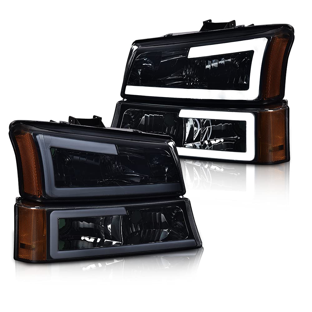 Pit66 Led Headlight, Compatible With 03-06 Chevy Silverado 1500 2500 3500 Hd Model/03-06 Avalanche 1500 2500(Fit No Cladding Only) Smoky Lens Chrome Housing Amber Corner