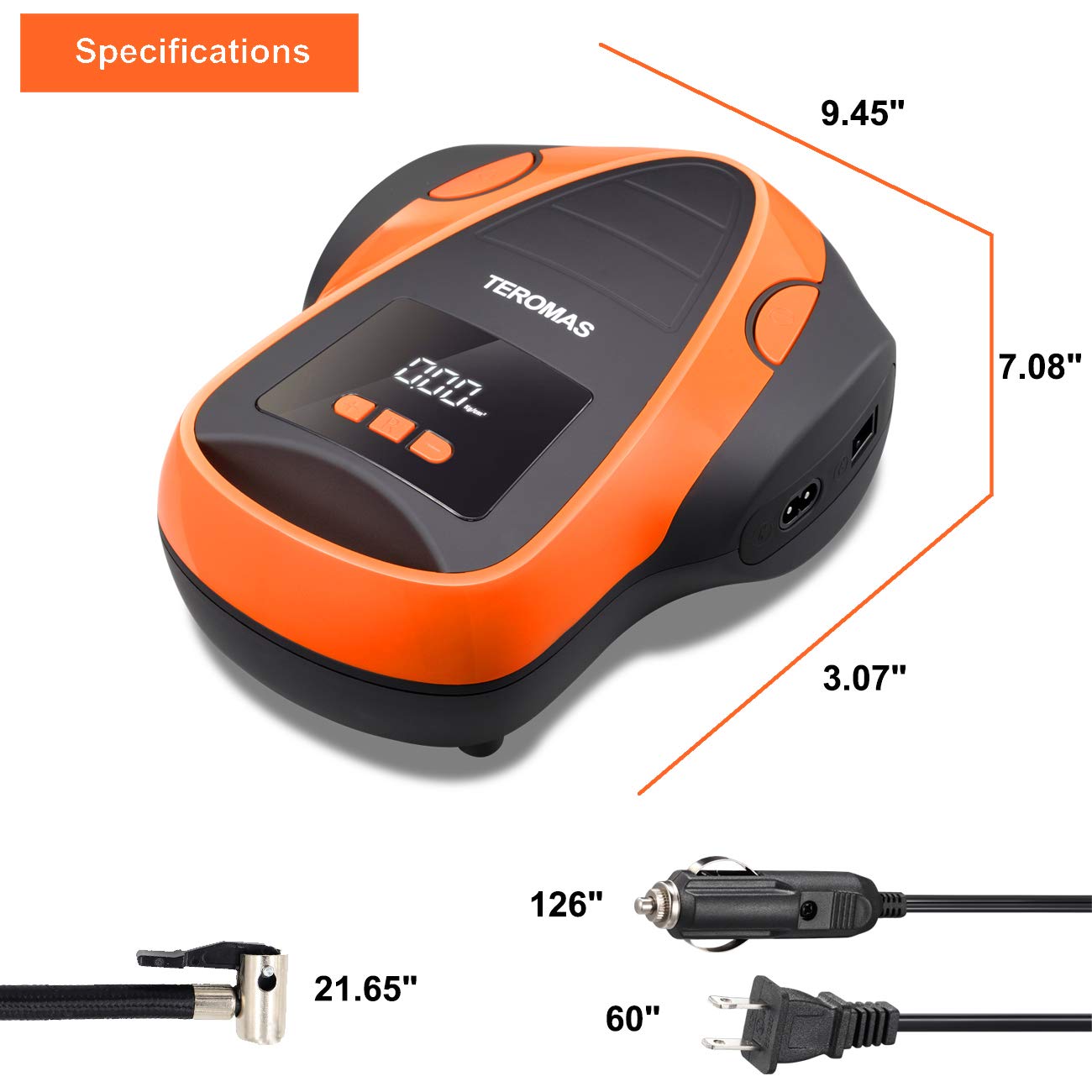 Teromas Tire Inflator Portable Air Compressor, Air Pump Dc/Ac For Car Tires 12V Dc And Other Inflatables At Home 110V Ac, Digital Electric Tire Pump With Pressure Gauge(Orange)