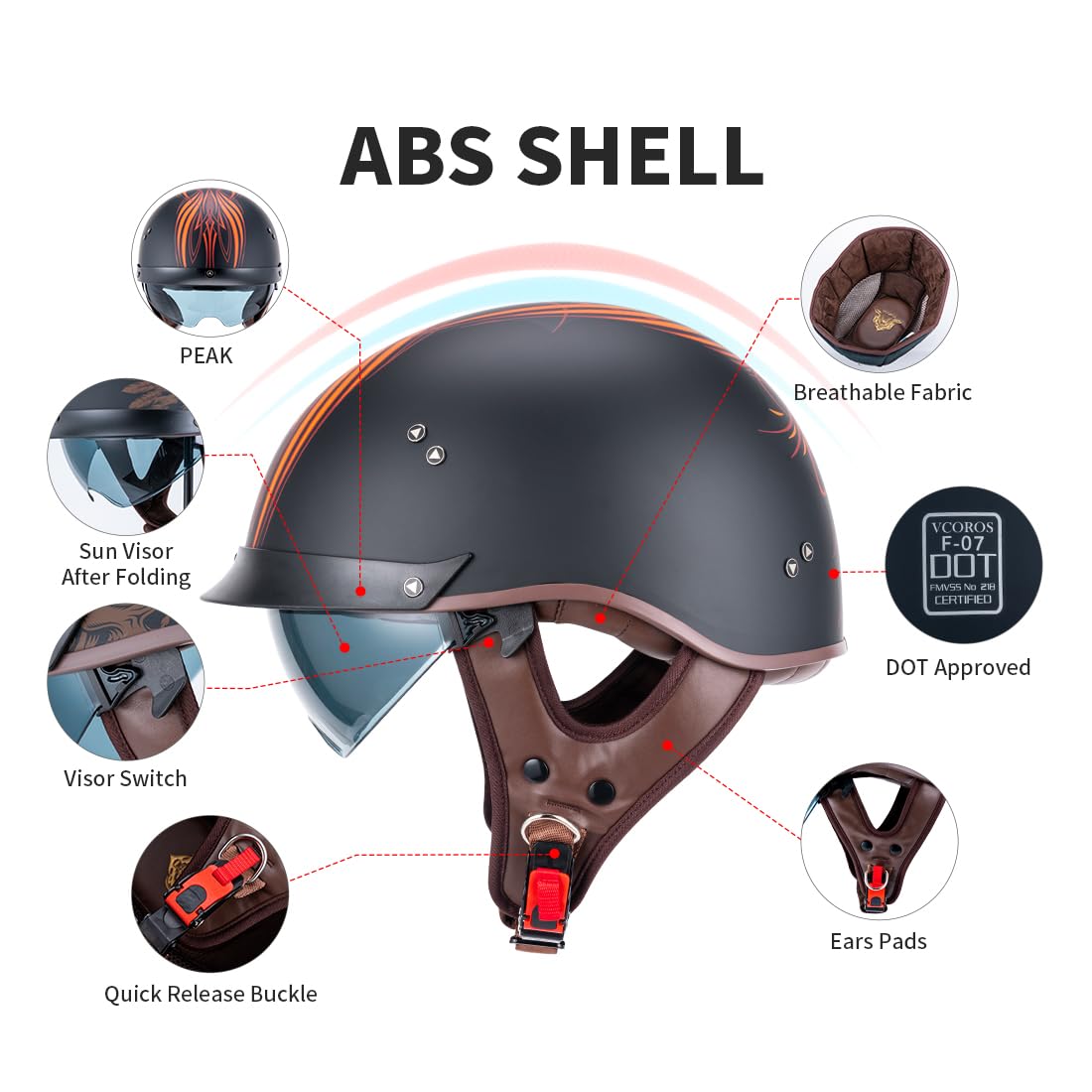 Vcoros Motorcycle Half Face Helmet Sun Visor Quick Release Buckle Dot Approved Adults Men Women Helmets For Cruiser Chopper Mope