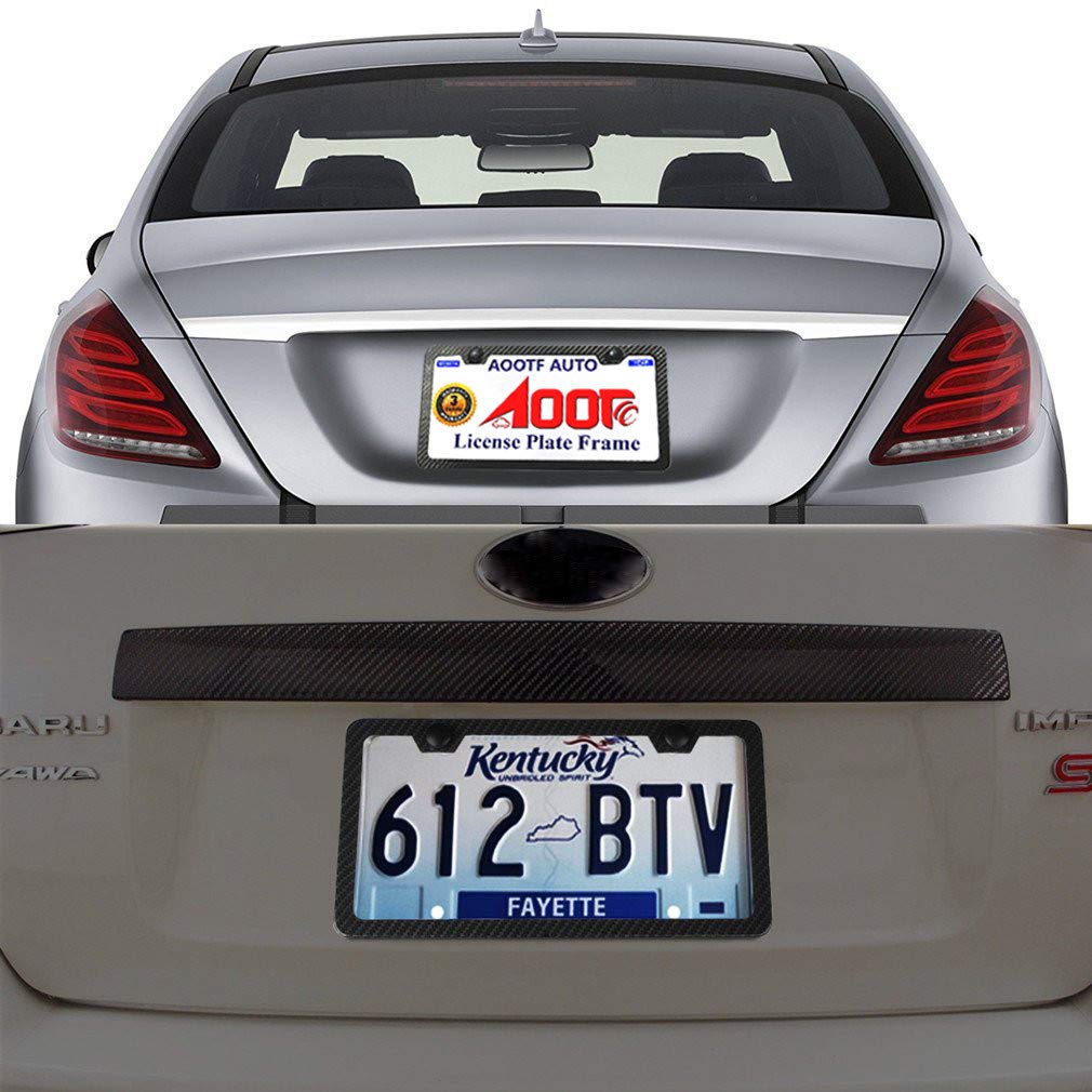 Aootf Carbon Fiber License Plate Frames- Anti Theft Black Aluminum Printed Carbon Patterns For Front Rear Car Tag Holder, With S