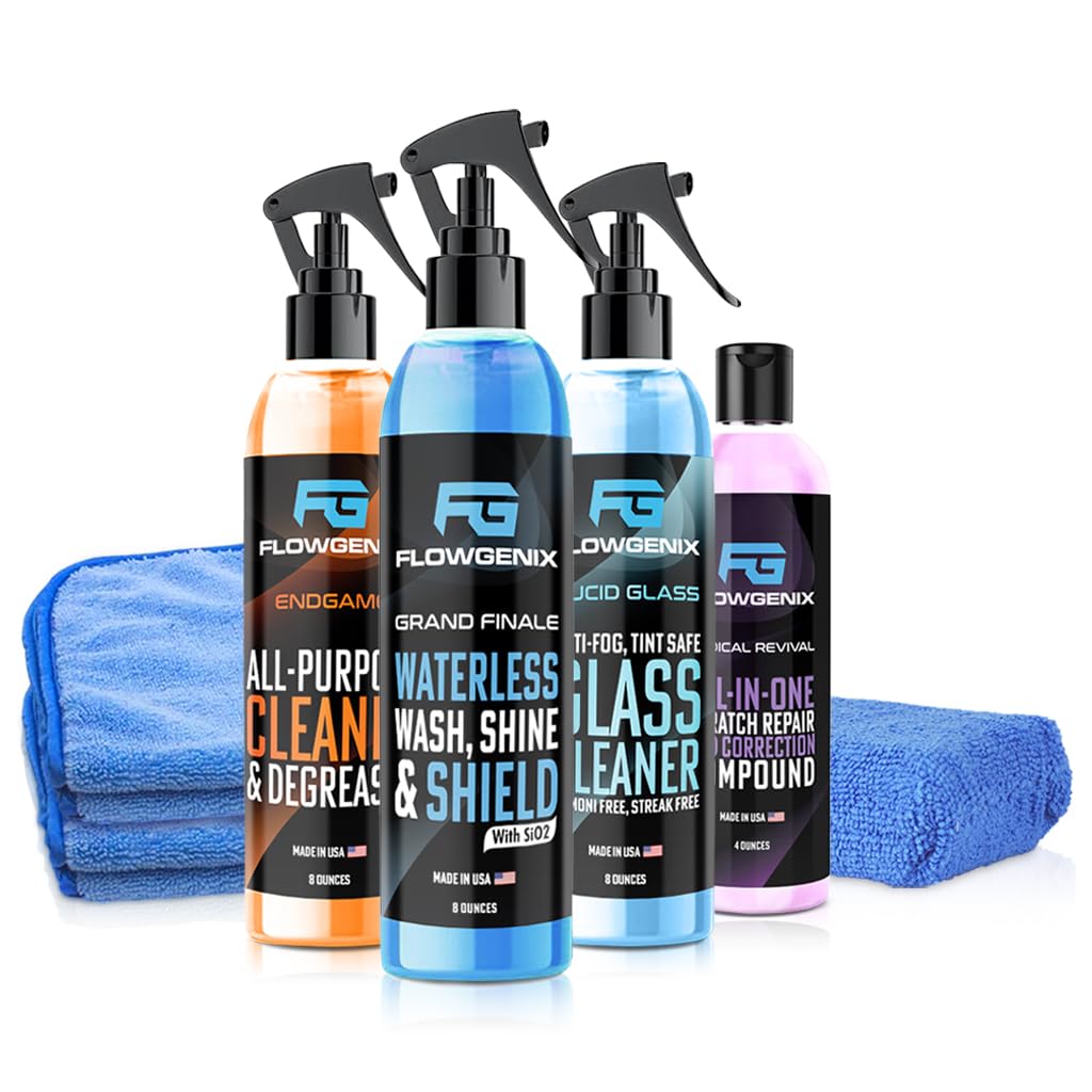 Flowgenix Grand Slam 4-Pack Includes Waterless Car Wash Spray + Instant Car Scratch Remover Repair + Streak Free Window And Glas