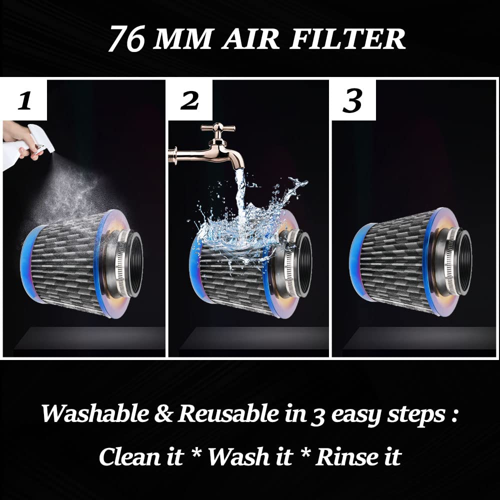 Cold Air Intake Filter, High Performance, Washable Filter, Clamp-On Replacement Air Filter, Flange Diameter 3Inch/76Mm Carbon Fi