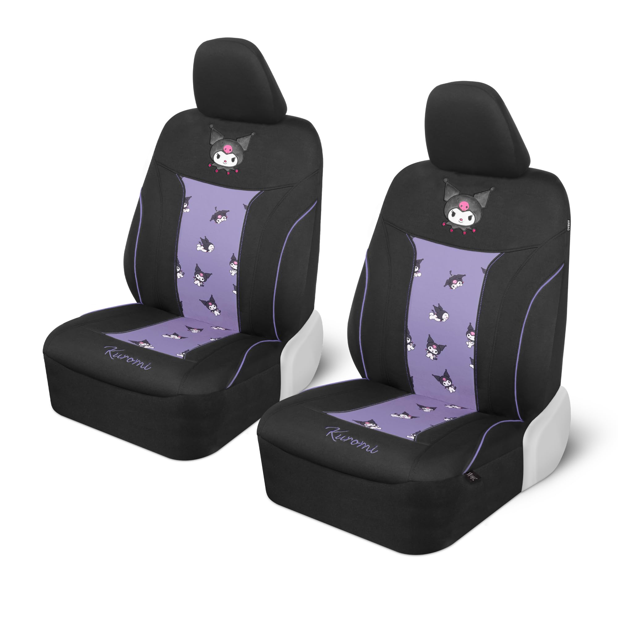 Hello Kitty Kuromi Car Seat Covers - Cute Black and Purple Front Seat Covers with Lavender Accents, Durable and Comfortable Poly