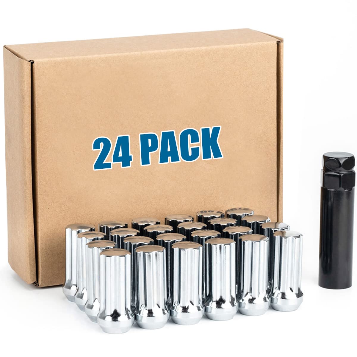 JiiinMiiin 24pcs M14x2.0 Lug Nuts Chrome with 7 Spline Tuner, 14x2 Locking Lug Nut 2 inch Length with 1 Socket Key, 60 Degree Co