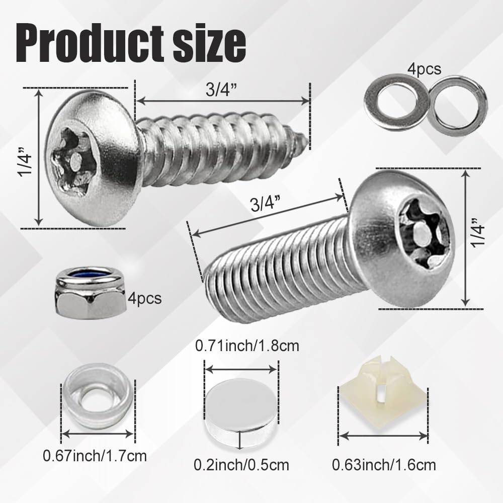 WINUERK Anti Theft License Plate Screws, Tamper Resistant Licence Plate Kit, 1/4''(M6) Security Screws, Rust Proof Stainless Ste