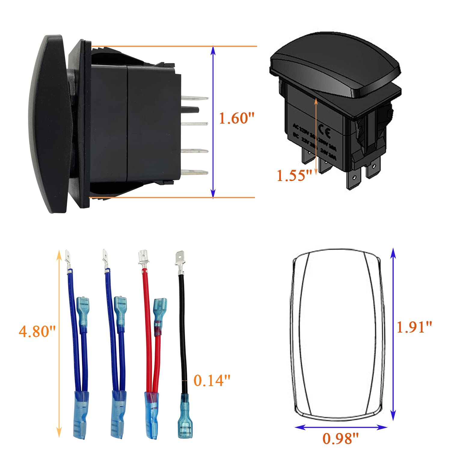 Bacautoparts 12V 24V Red Led Up Down Momentary Rocker Switch With Wires 7P (On)-Off-(On) Arrows Mom Switches For Car Boat Dump Trailer Camper Polaris Ranger Rzr Utv Atv Sxs