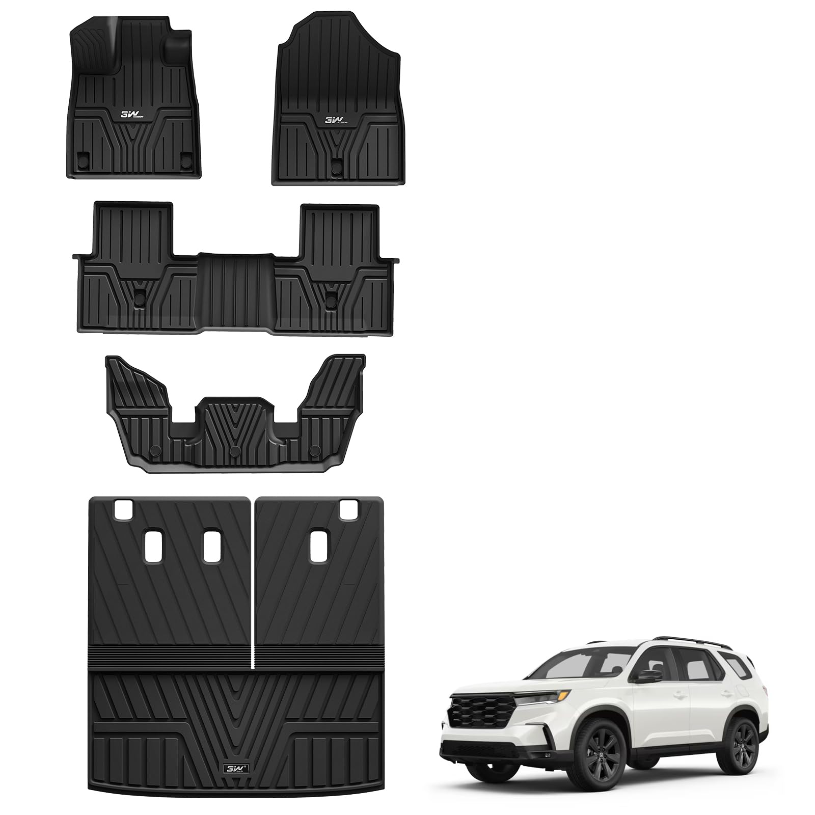 3W Floor Mats And Cargo Liner Fit For Honda Pilot 2023 2024 2025, Custom Fit All Weather Honda Pilot Accessories Odorless Anti-S