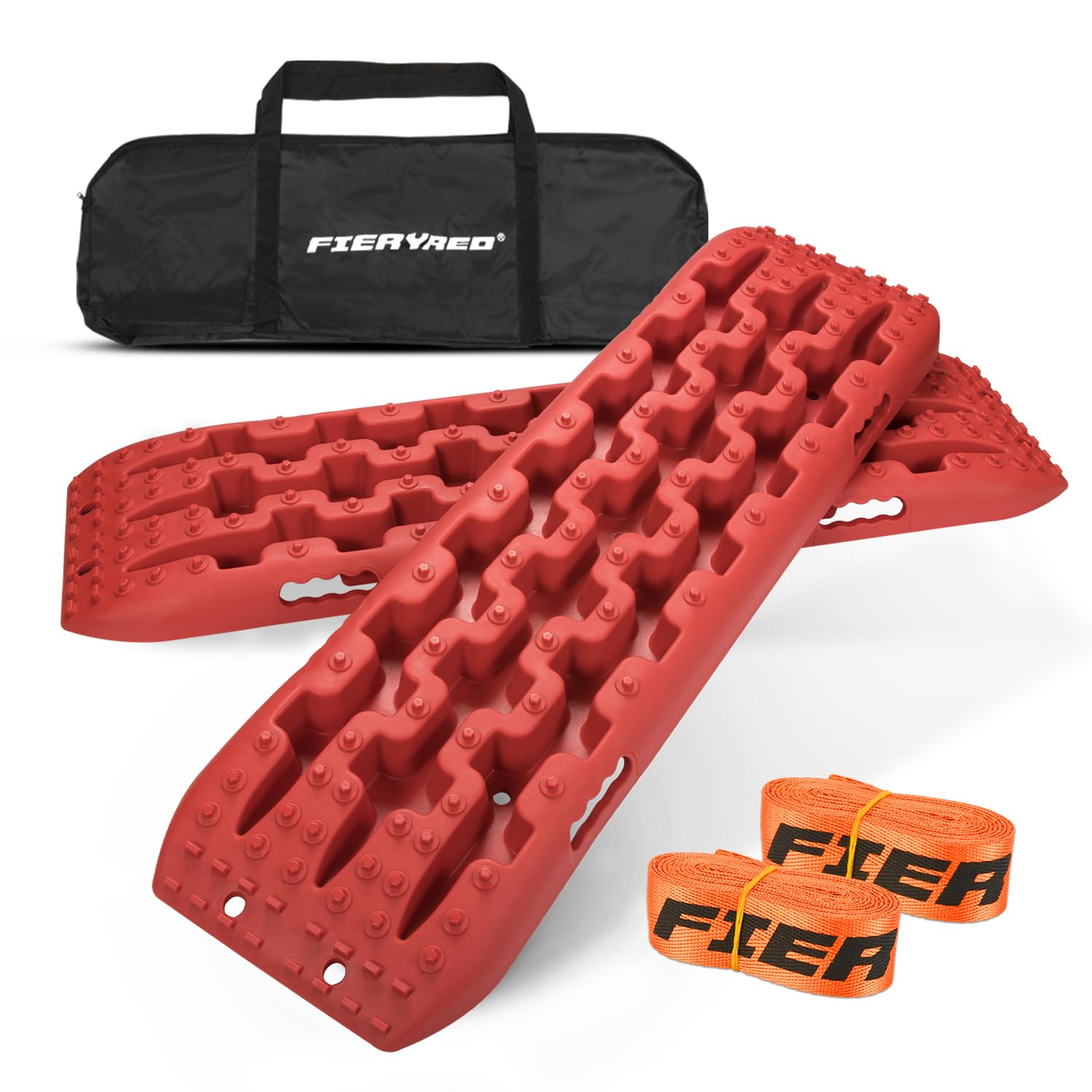 Fieryred Traction Boards Offroad, Recovery Boards With 2 Leashes And Carry Bag, 2Pcs Traction Mat Recovery Tracks For Sand Mud Snow Track Tire Ladder 4X4 (Red)