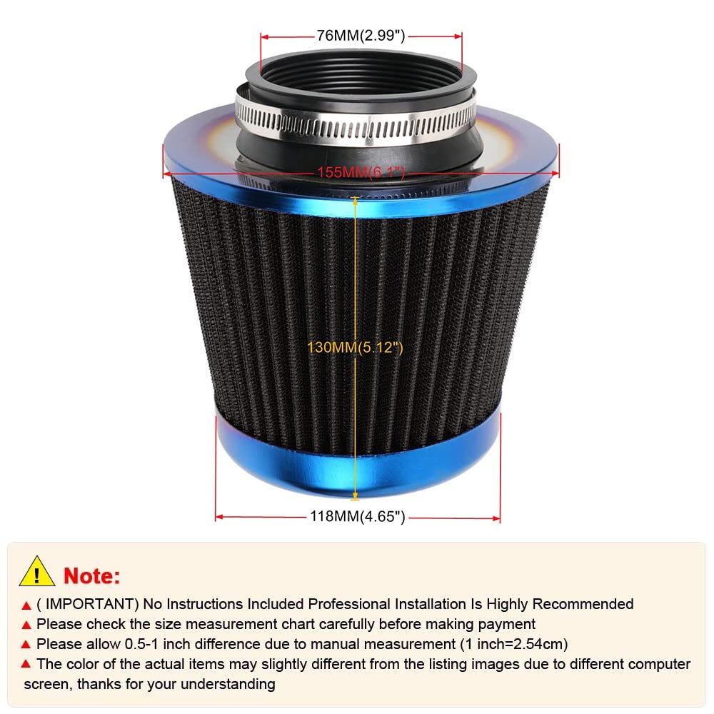 Cold Air Intake Filter, High Performance, Washable Filter, Clamp-On Replacement Air Filter, Flange Diameter 3Inch/76Mm Black