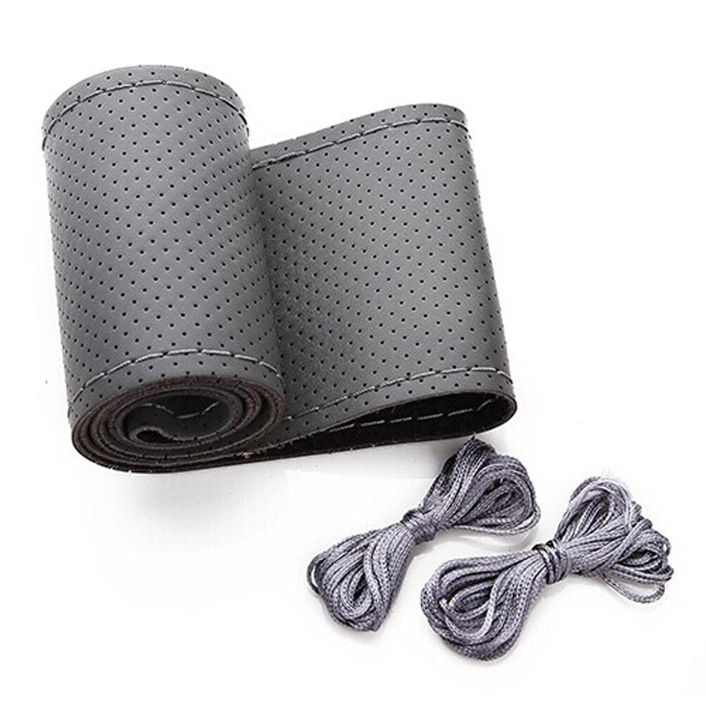 Belinous Universal Leather Car Steering Wheel Cover, Stitch On Wrap (Size L5, Gray)