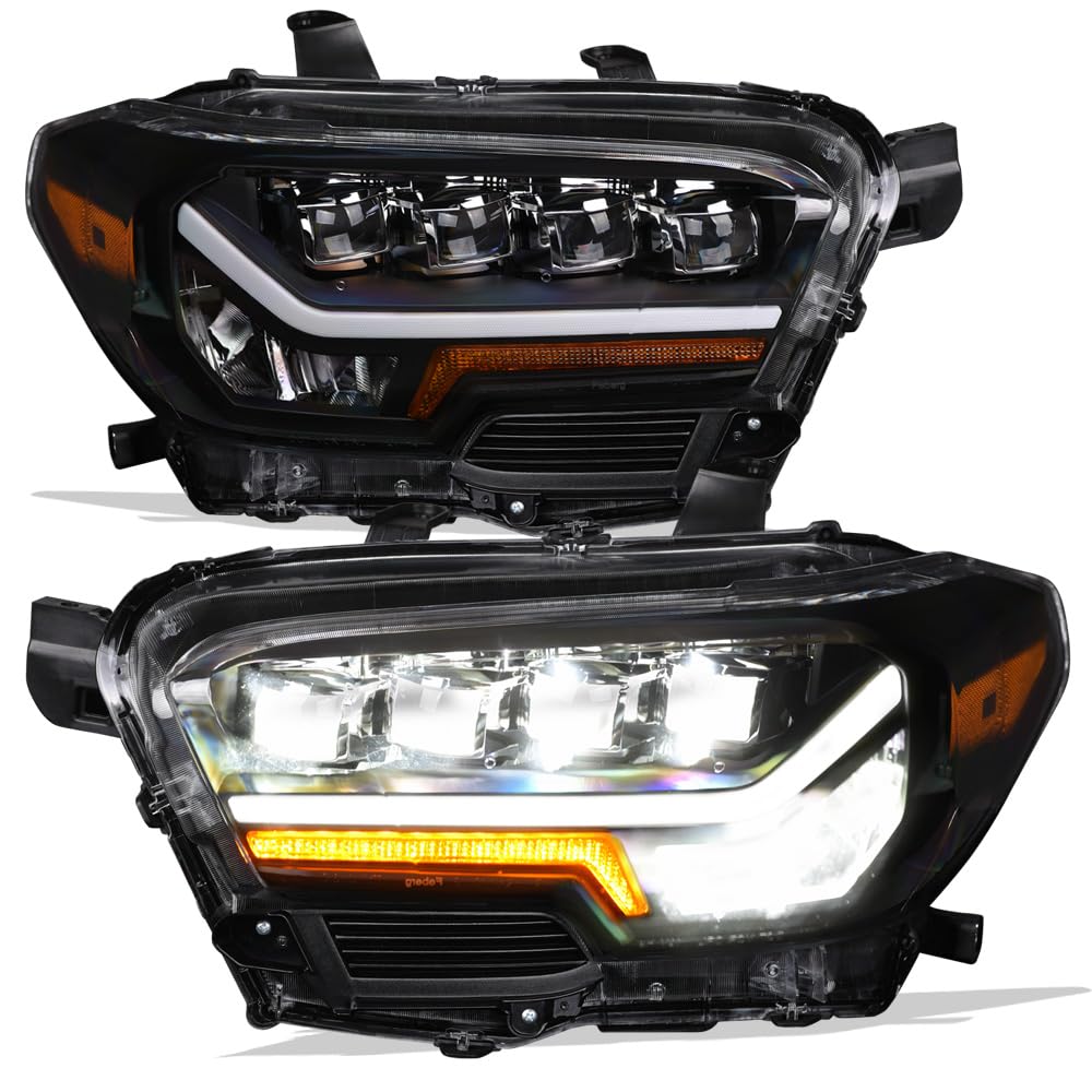 TLAPS 7422444293245 Compatible With 2016-2023 Toyota Tacoma Non-Factory LED LED DRL Black Housing Full LED Sequential Quad Proje