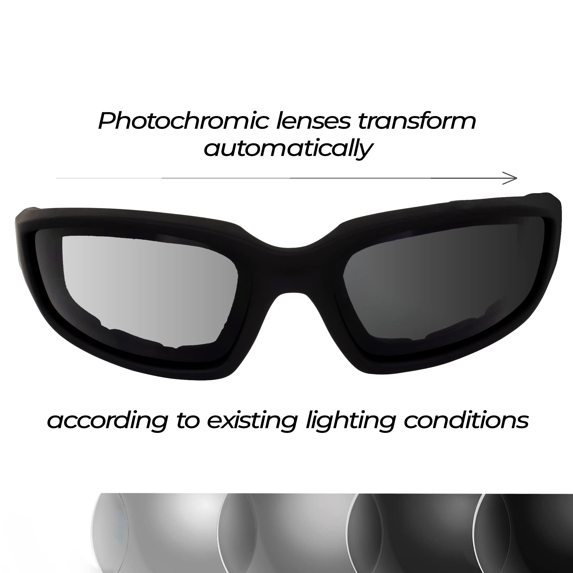 Kickback Photochromic - Light Adjusting Lenses - Eva Foam Padded Motorcycle Sunglasses