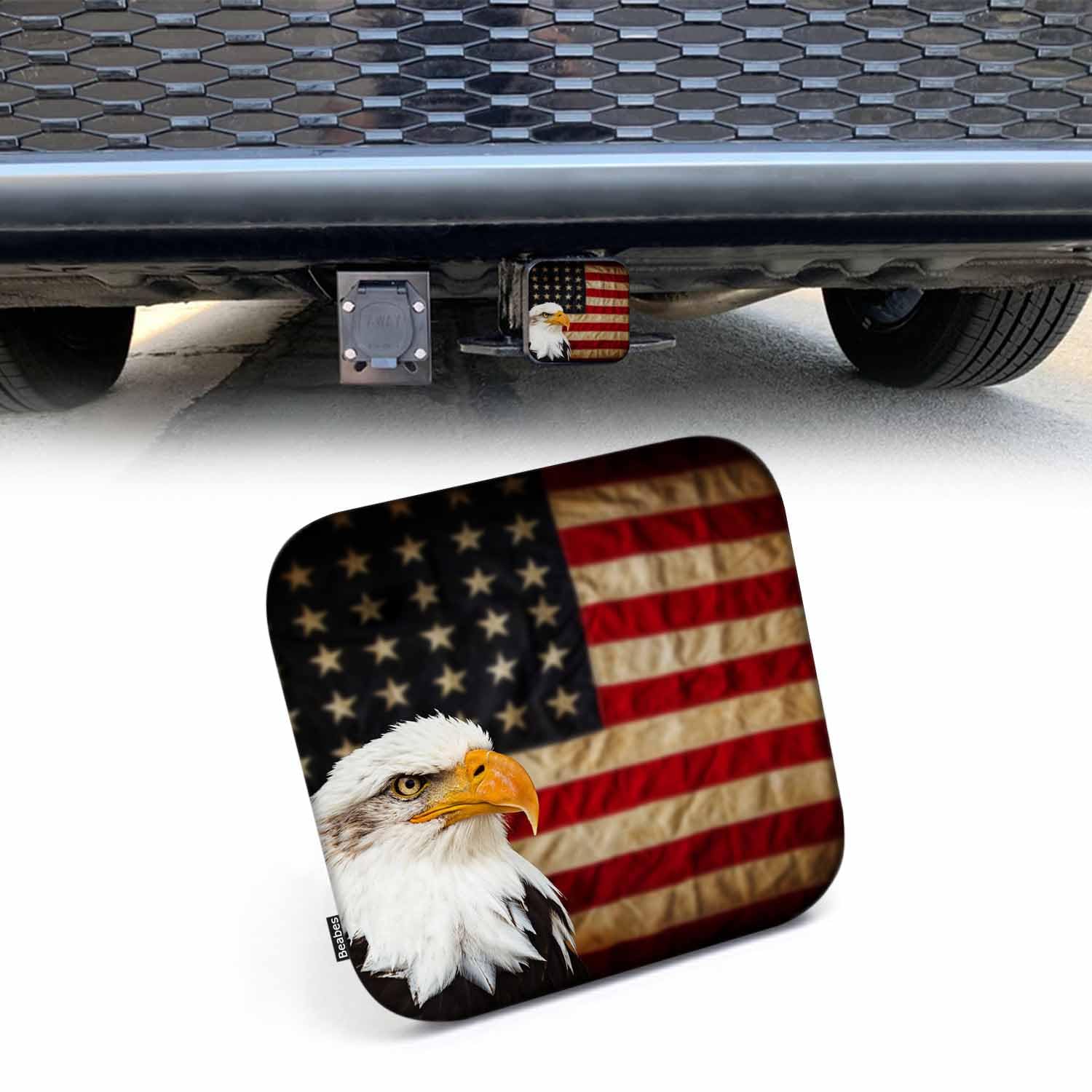 Beabes Trailer Hitch Cover 2 Inch Bald Eagle, Grunge American Bald Eagle USA Flag Heavy-Duty Tow Rear Receivers Plug Covers, 2 R