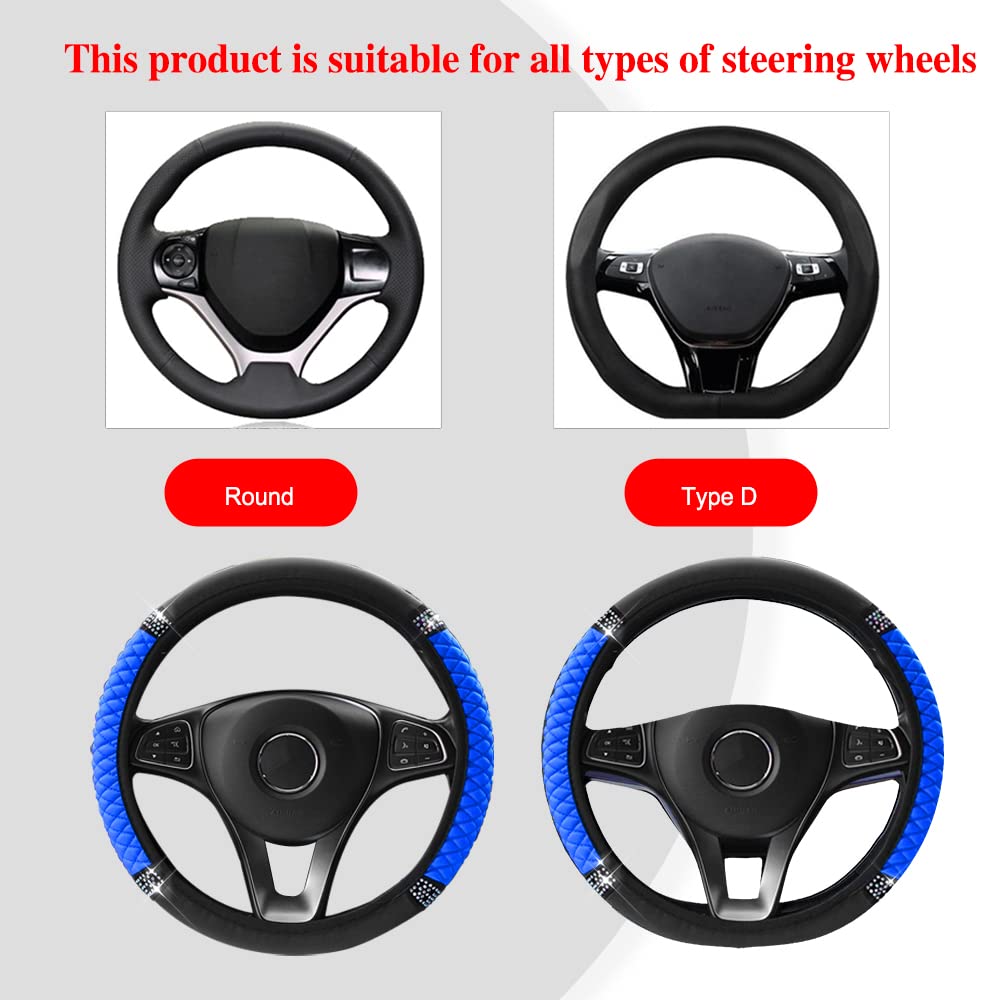 Bling Soft Leather Steering Wheel Cover, Anti-Slip Car Steering Wheel Protector, 15 Inch Rhinestones Soft Leather Elastic Steeri