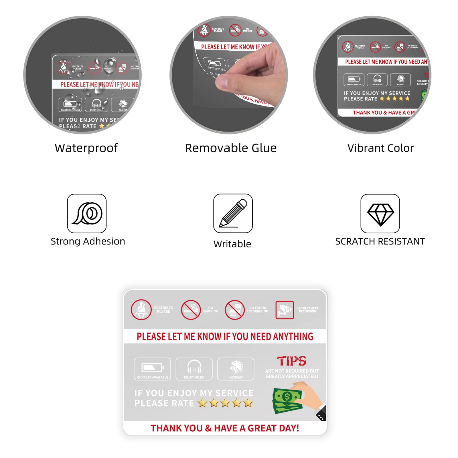 Rideshare Rating Tips Sign 7” X 5” Window Stickers Decal Removable Taxi Car Safety Warning Sign 6 Pack