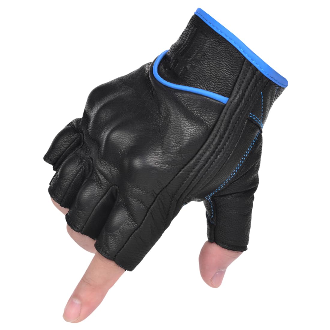 Harssidanzar Fingerless Motorcycle Gloves For Mens Leather Riding Driving Half Finger Gloves Gm037, Black/Blue, Size Large