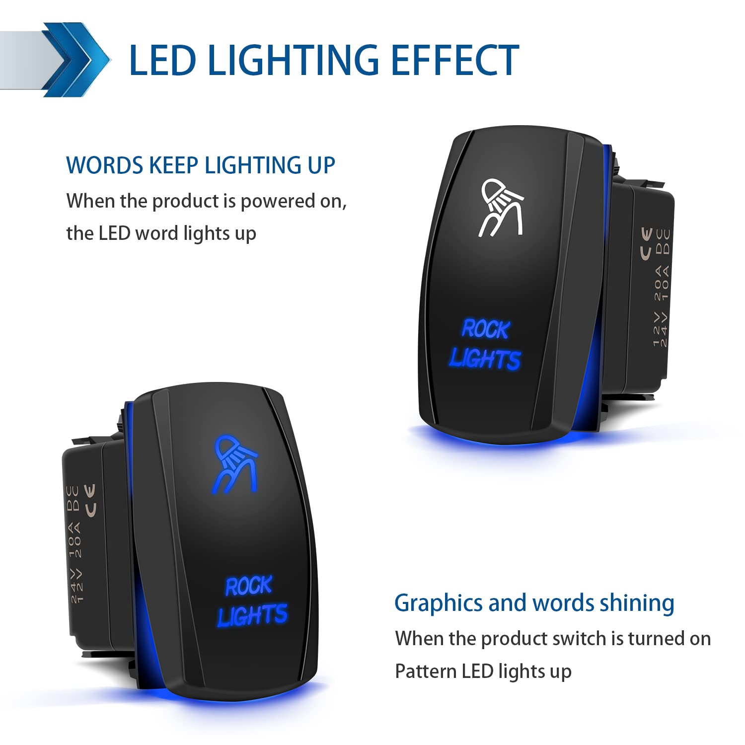 Rock Lights Rocker Switch 5Pin Laser On/Off Blue Led Light 20A/12V 10A/24V Toggle Switch With Jumper Wires Set For Automotive Bo