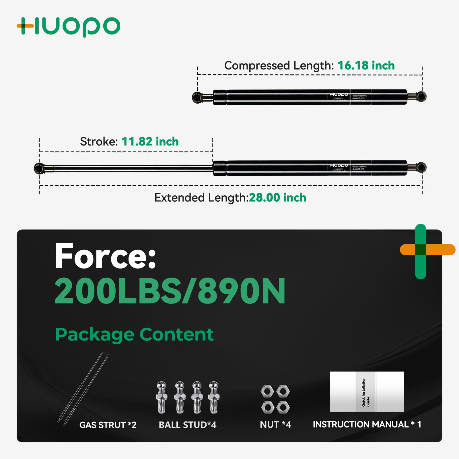 HUOPO 28 inch 200lb/890N Gas Strut Shock 28'' Lift Support for Tonneau Cover Snowmobile Trailer Roof Top Cap Lid Queen Murphy Be