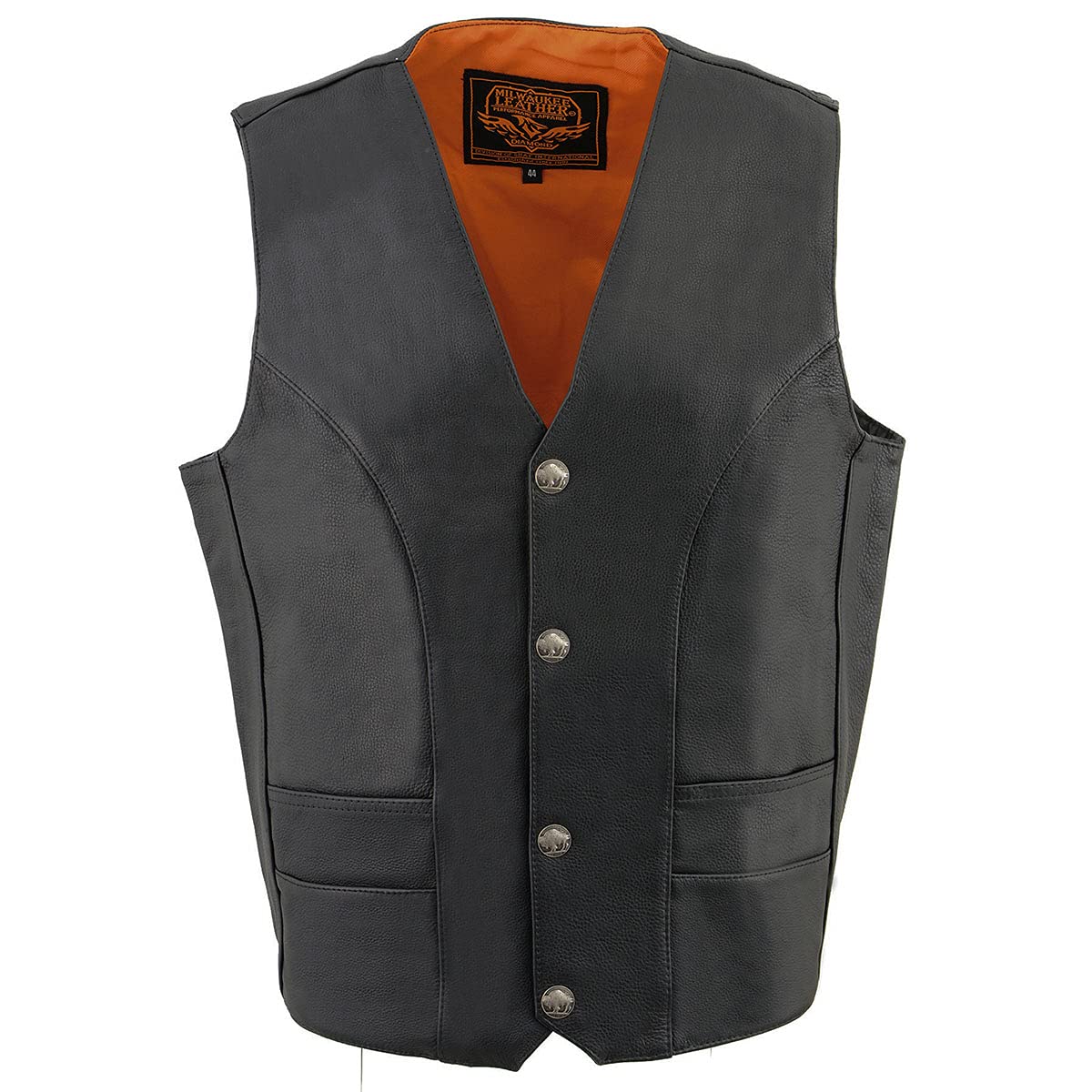 Milwaukee Leather Ml1368 Men'S Black Naked Leather V-Neck Motorcycle Rider Vest W/Buffalo Nickel Snaps Closure - 60