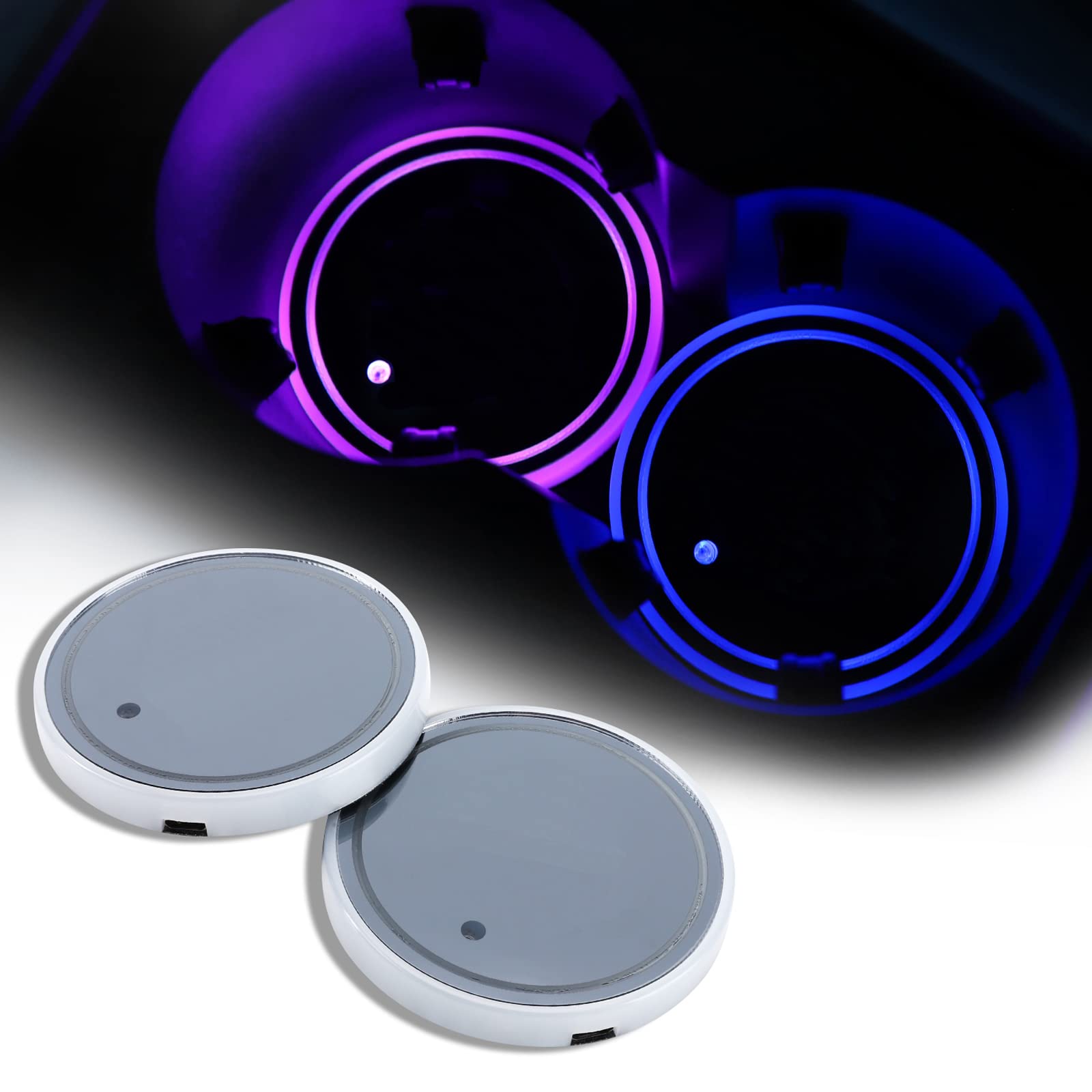 ACODABLEM 2 Pack LED Cup Holder Lights, Car Coaster with 7 Colors Changing USB Charging Mat, Luminescent Cup Pad Interior Atmosp