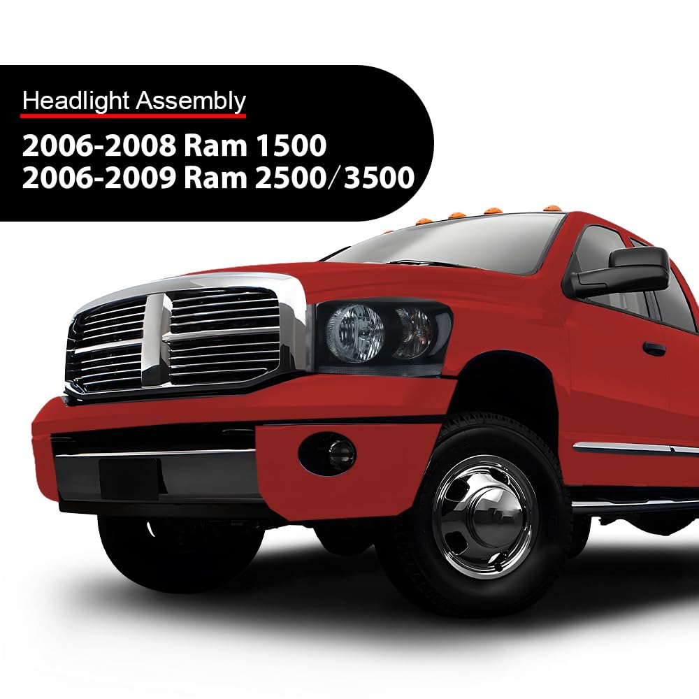 G-Plus Front Headlights Lamp W/Bulbs Pair, Fit For Dodge Ram 1500 2500 3500 Truck 2006 2007 2008 2009,Ch2518114 Ch2519114 Smoke