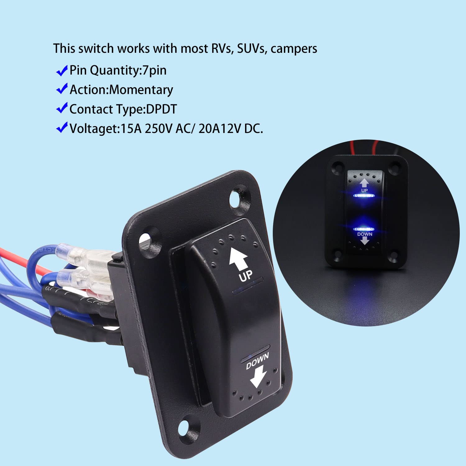 Weideer 20A 12V Polarity Reversing Momentary Rocker Switch Dc Motor Control 7Pin Up Down Blue Led Winch In/Out Switch With Alumi