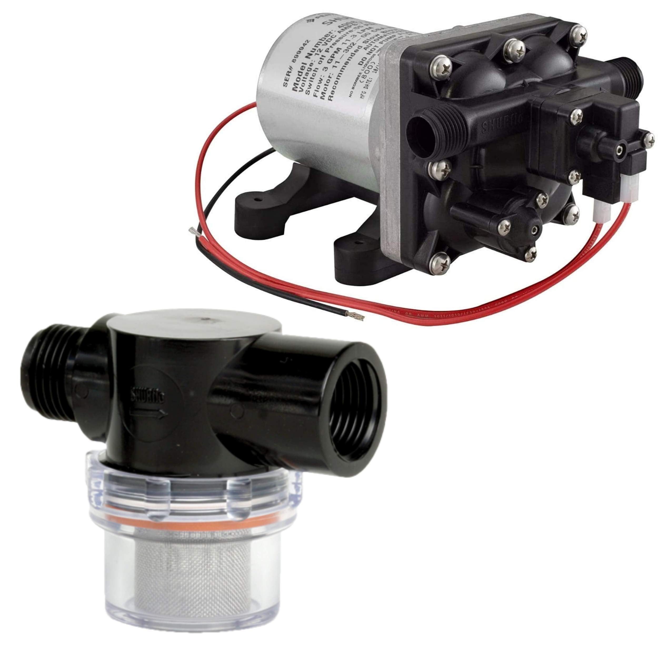 Shurflo 12 Volt Rv Water Pump 3.0 Gpm - 4008-101-A65 / E65 & 1/2 | Rv Plumbing & Camper Water Pump | Twist-On Optional Pipe Strainer Bundle | Each Has A Unique Design - (Receive 1 Pump With Strainer)