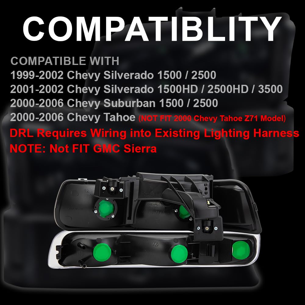 Cheda Led Drl Headlights Assembly Compatible With 1999-2002 Chevy Silverado/Fit 2000-2006 Suburban Tahoe Clear Lens Chrome Housi