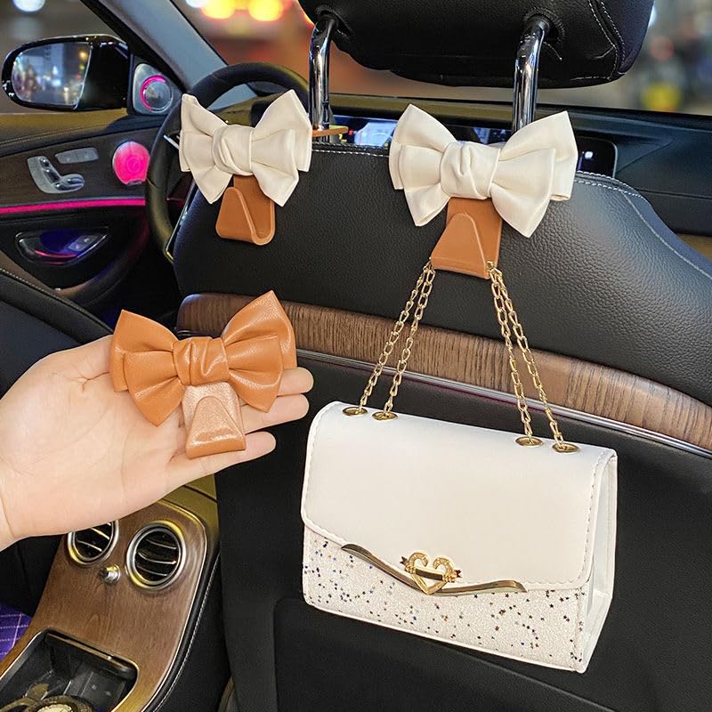 LIFOPY 2 Pack Car Purse Hooks, Cute Bow Car Seat Headrest Hook Hanger for Purses and Bags, Space-Saving Car Accessory (White bro