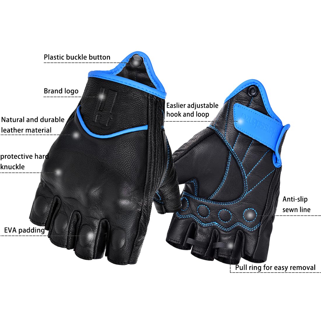 Harssidanzar Fingerless Motorcycle Gloves For Mens Leather Riding Driving Half Finger Gloves Gm037, Black/Blue, Size Large