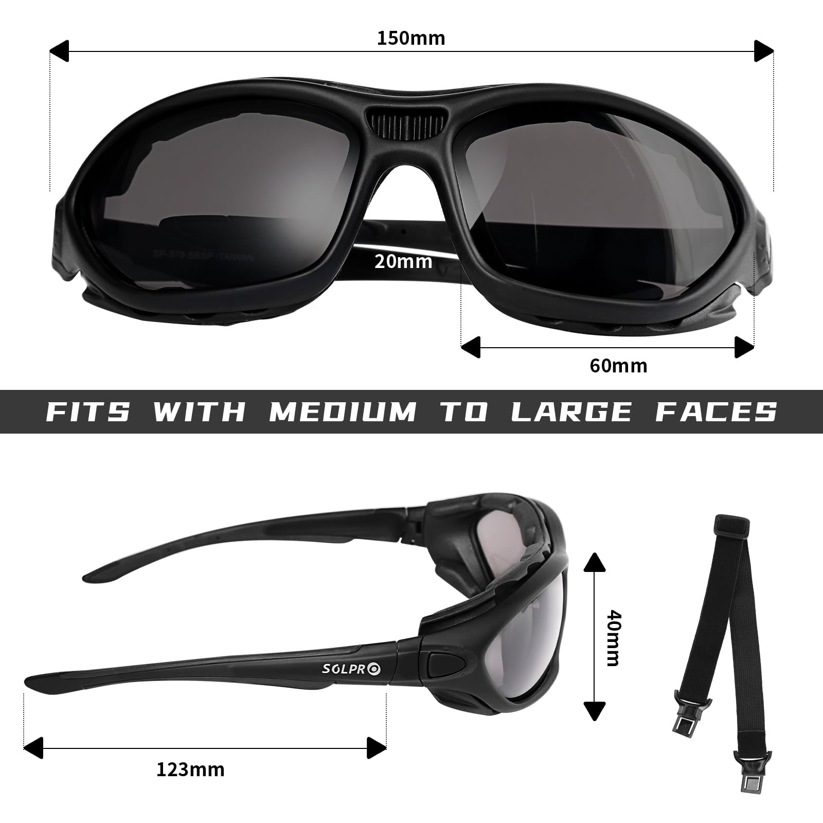 SOL PRO Anti-Fog Safety Motorcycle Riding Sunglasses Foam padded Goggle, Dustproof, Windproof, Hunting, Hiking, Golfing (Black -