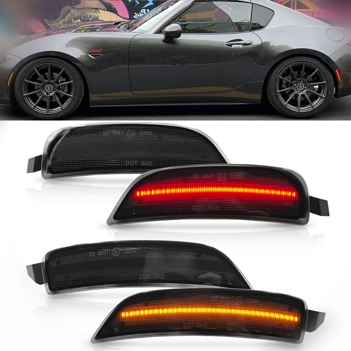NSLUMO LED Side Marker Lights for 2016-up Mazda MX-5 Miata ND Smoked Lens Amber Front & Rear Red Marker Lights Replace OEM Sidem