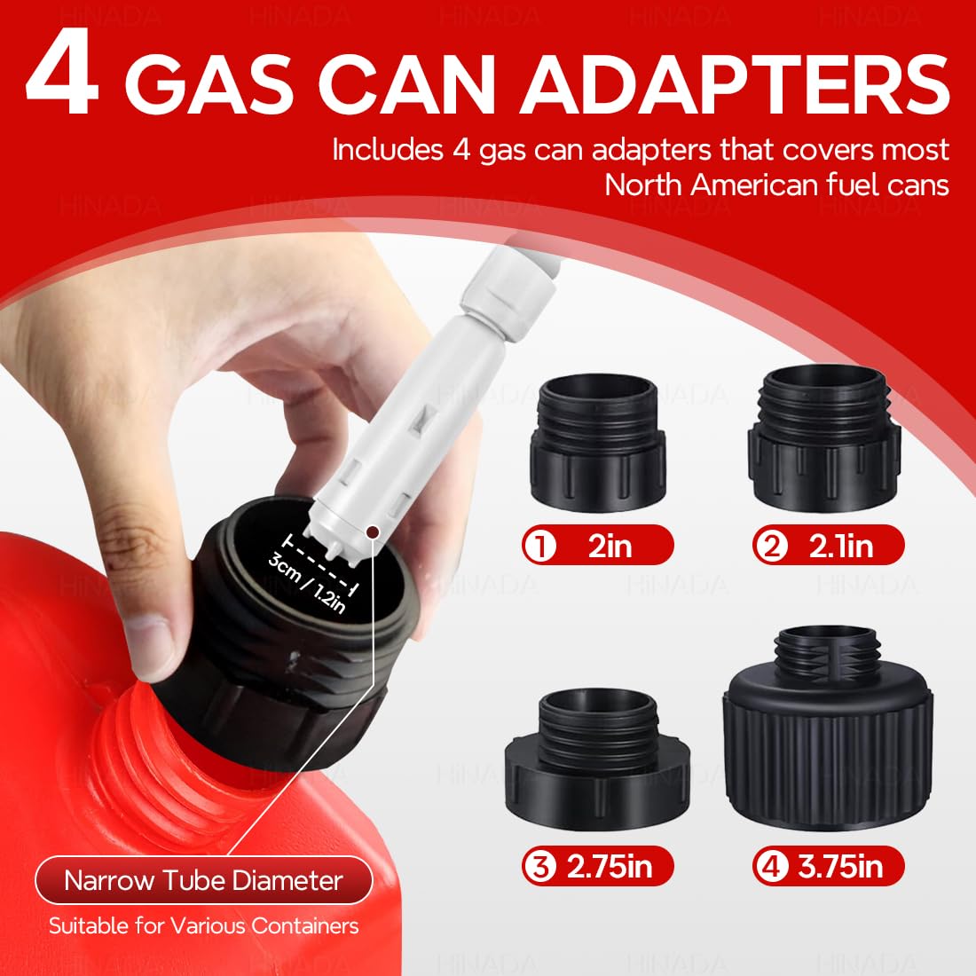 HiNADA Auto-Stop Fuel Transfer Pump - USB Type-C or Battery Power, Portable 3.2 GPM with 51'' Extra Long Hose, 4 Can Adapters &