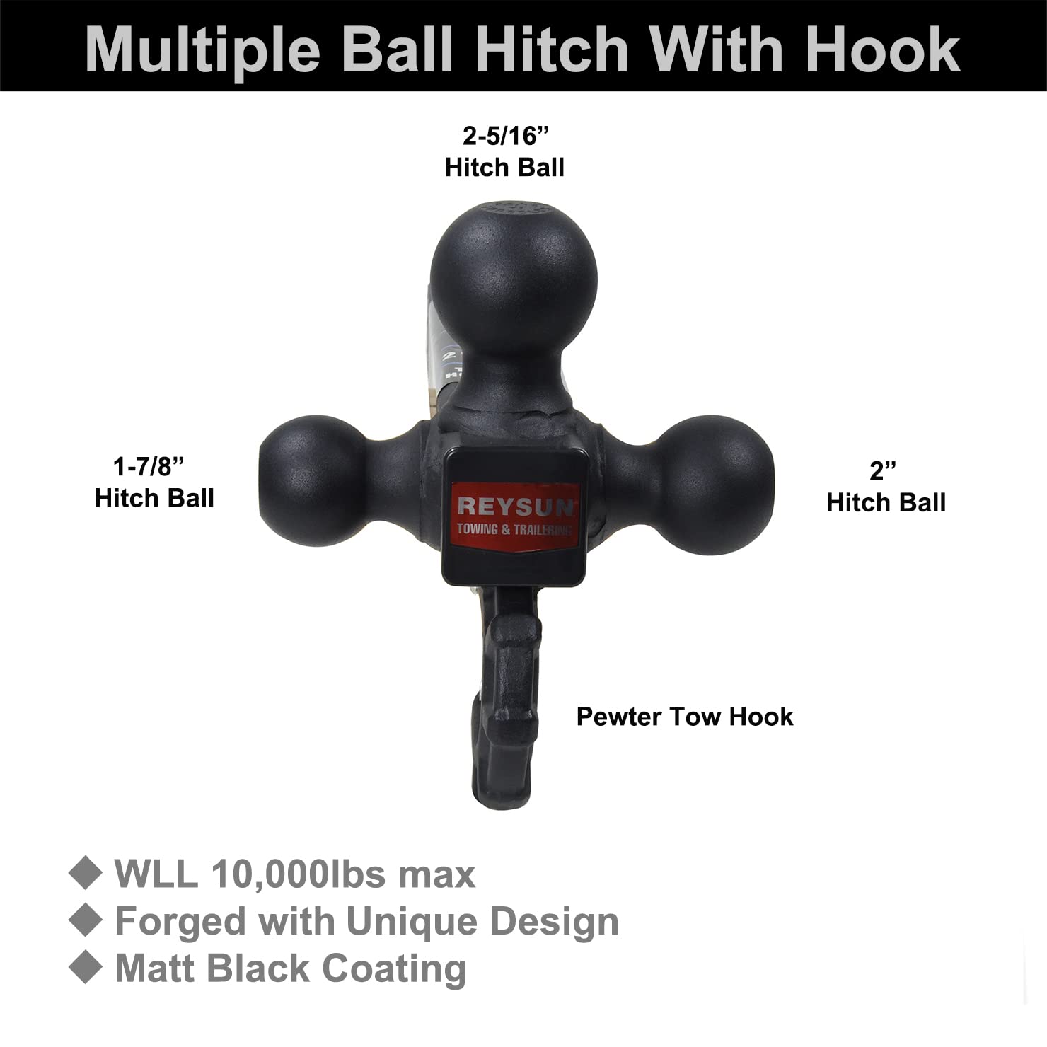 Reysun Trailer Hitch 864011L Tri Ball Mount With Hook, Tactical Tow Hook, Fits 2 Inch Hitch Receiver, Secure With Self-Lock Latc