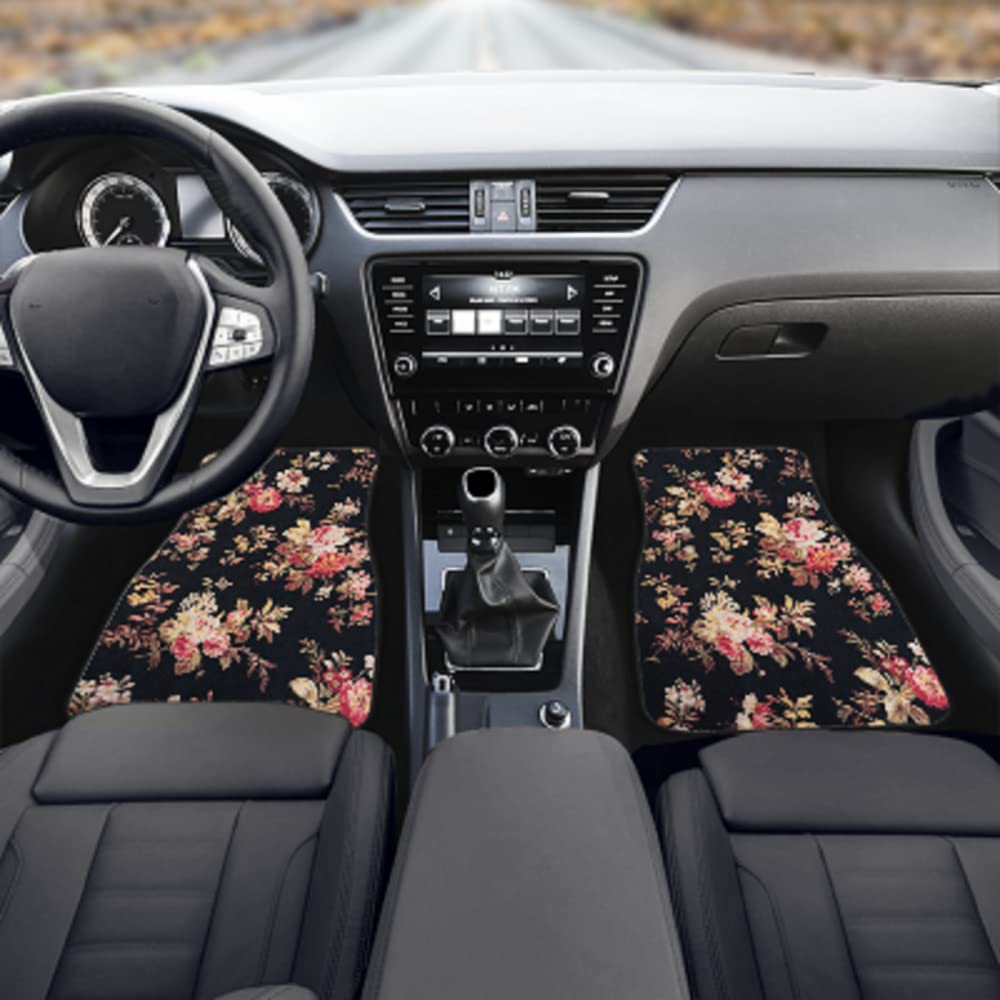 FUIBENG Art Flowers Pattern Car Floor Mats Front Rear Premium Carpets Mat, Set of 4 Floral Auto Foot Mats Universal Fit Vehicles