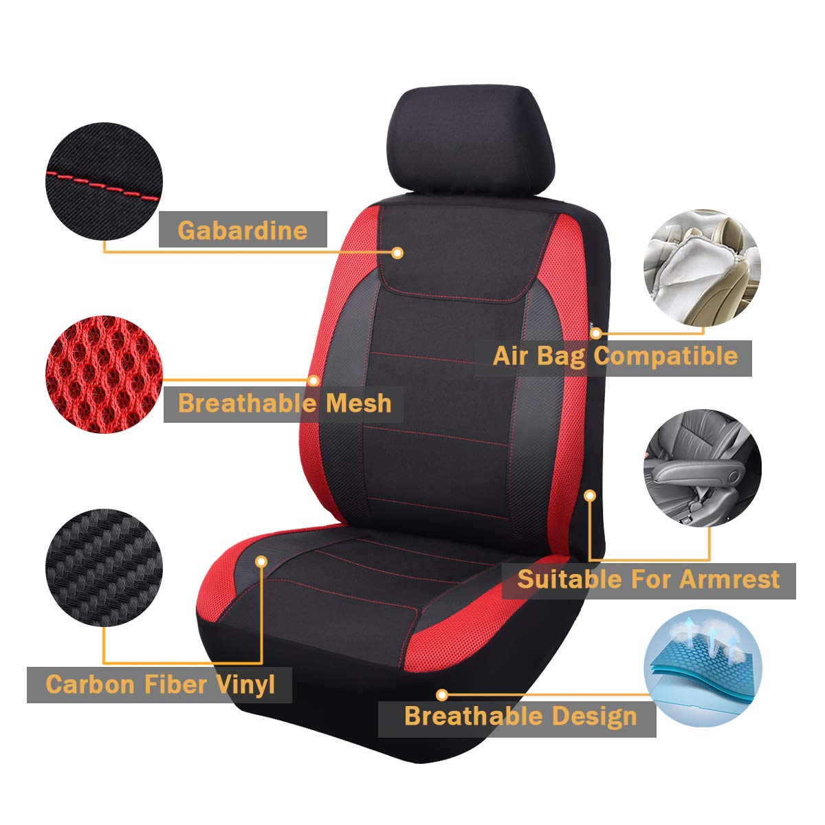 Flying Banner Car Seat Covers Quality Carbon Fiber Faux Leather Mesh Fabric Sport Low High Back Bucket Back Pocket Arm Rest Car Suv Truck Pick Up (2 Fronts - Low Bucket, Red)