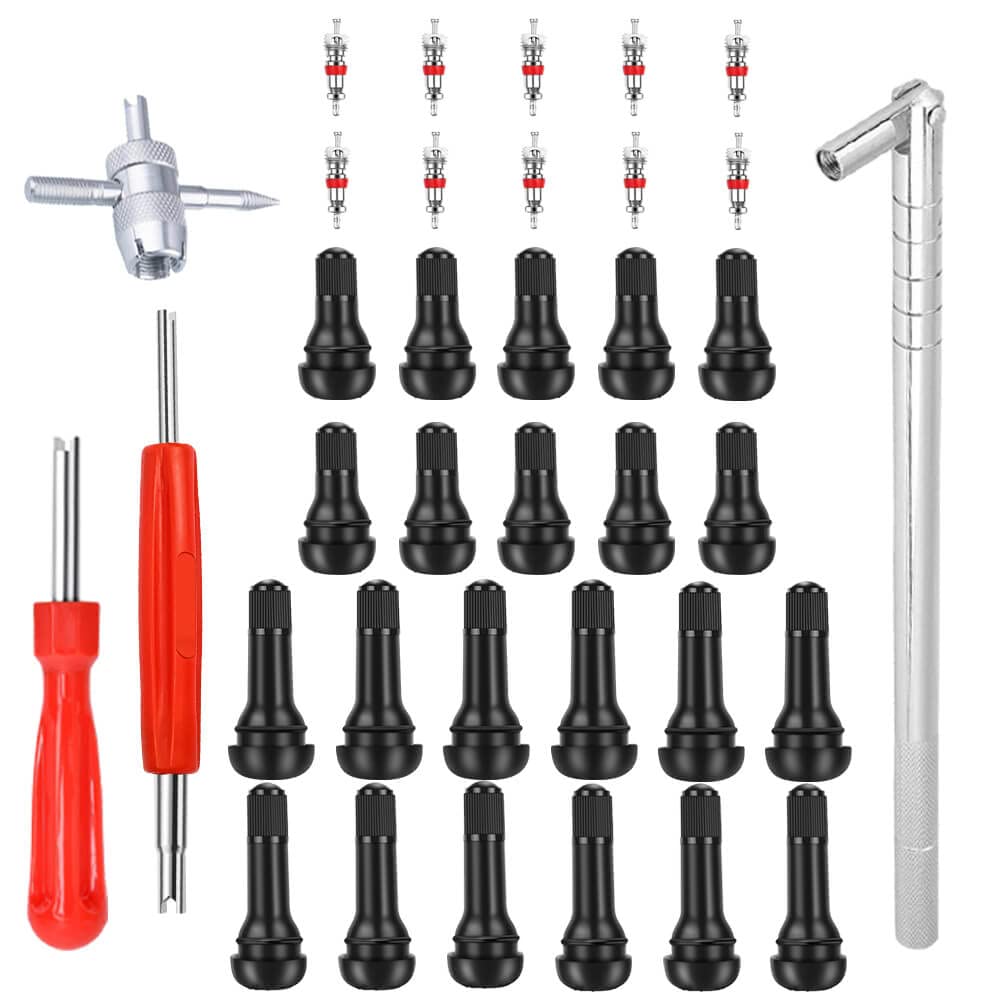 Riseuvo Valve Stem Puller Installer Tool - 10Pcs Tr412, 6Pcs Tr413, 6Pcs Tr414 Tire Snap In Short Rubber Valve Stem, 4 Way Valve Core Remover, Single Head Tire Valve Core Remover Installer Tool