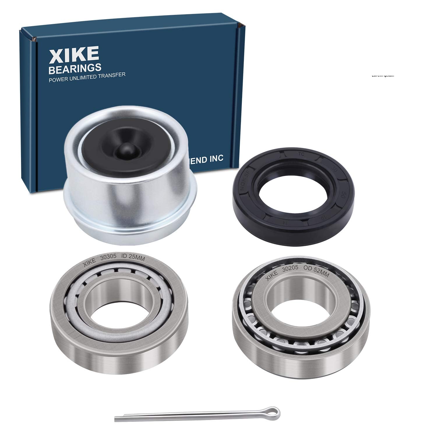 XiKe 1 Set Fits 25mm Axles Trailer Wheel Hub Kit, Include 30205 Bearings, TC30x52x10mm Seal, OD 52mm Dust Cover and Cotter Pin.