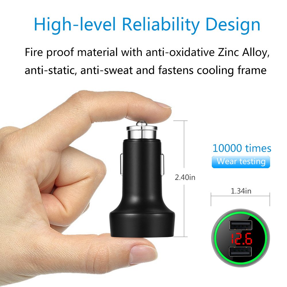 PALUMMA Dual USB Car Charger 24W/4.8A with Voltage Meter, Black, Model C7