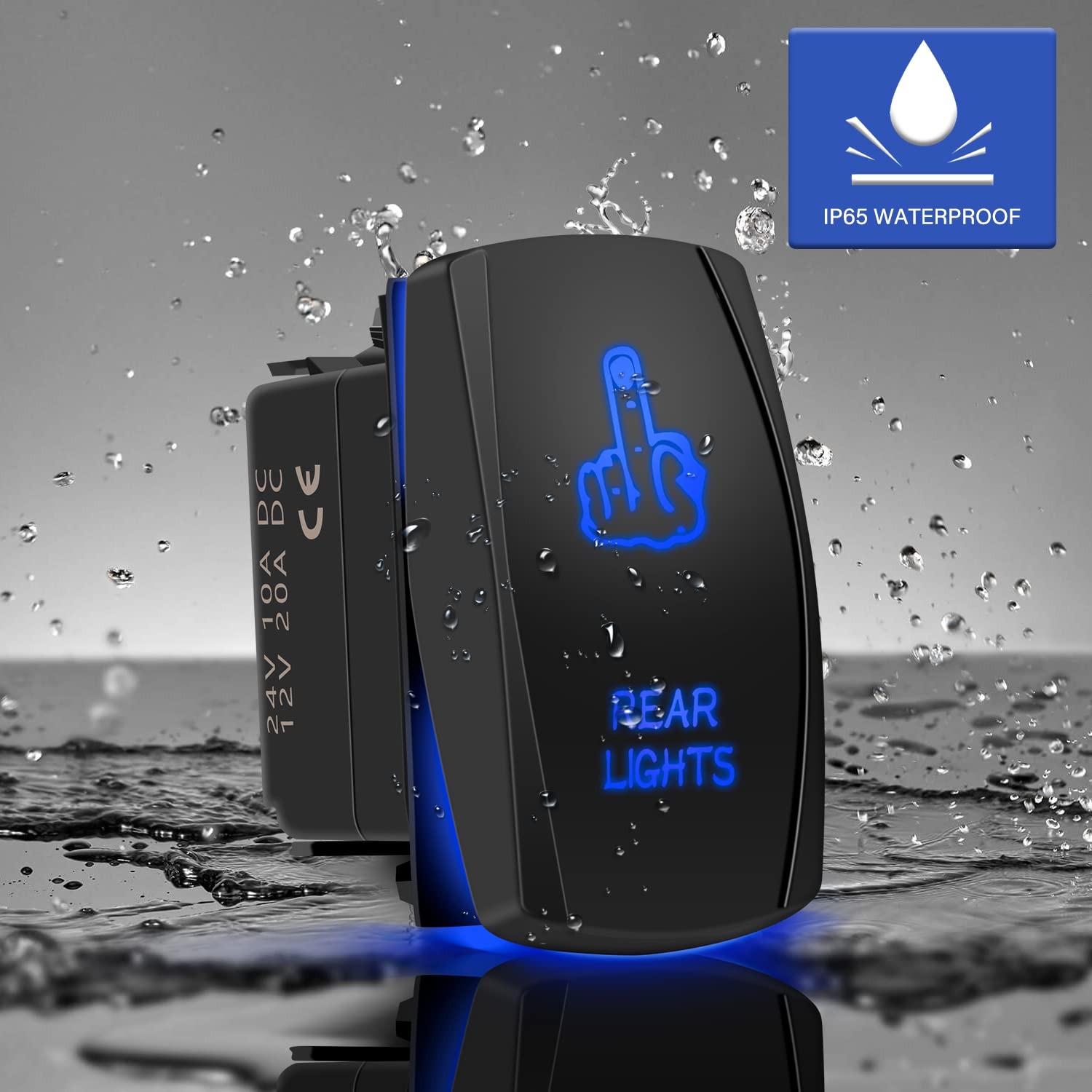 Fabood F Waterproof 5 Pin Rear Lights Rocker Switch Laser Finger Spst On/Off Two Led Backlit Blue Light 20A 12V For Auto Automot