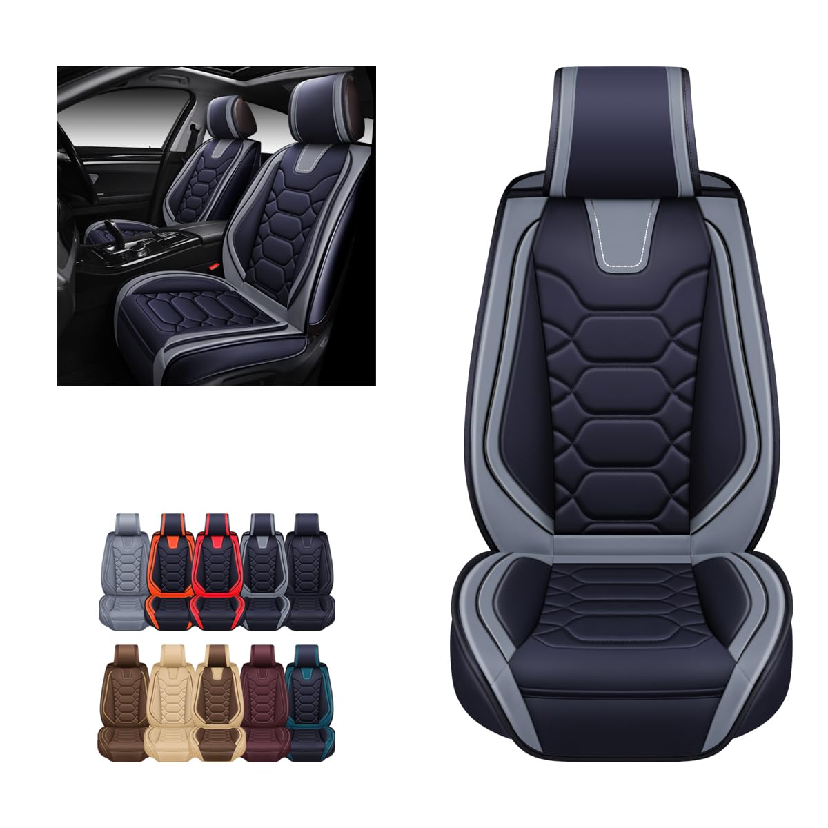 Oasis Auto Car Seat Covers Premium Waterproof Faux Leather Cushion Universal Accessories Fit Suv Truck Sedan Automotive Vehicle Auto Interior Protector Front Pair (Os-004 Black&Gray)